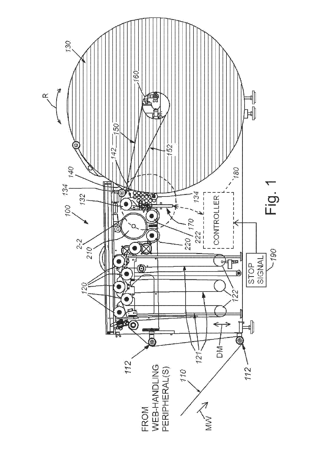 Emergency stop cutting mechanism for a web rewinding device