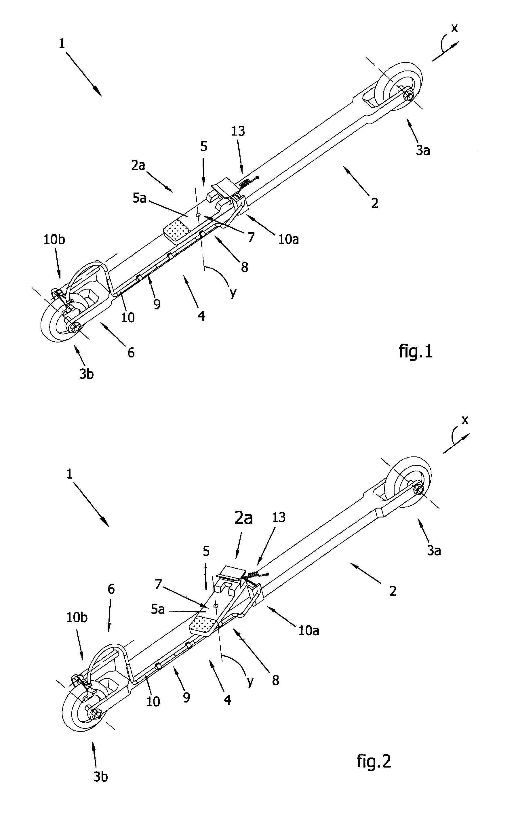 Rollerski or skate with braking system and method for braking said sports item