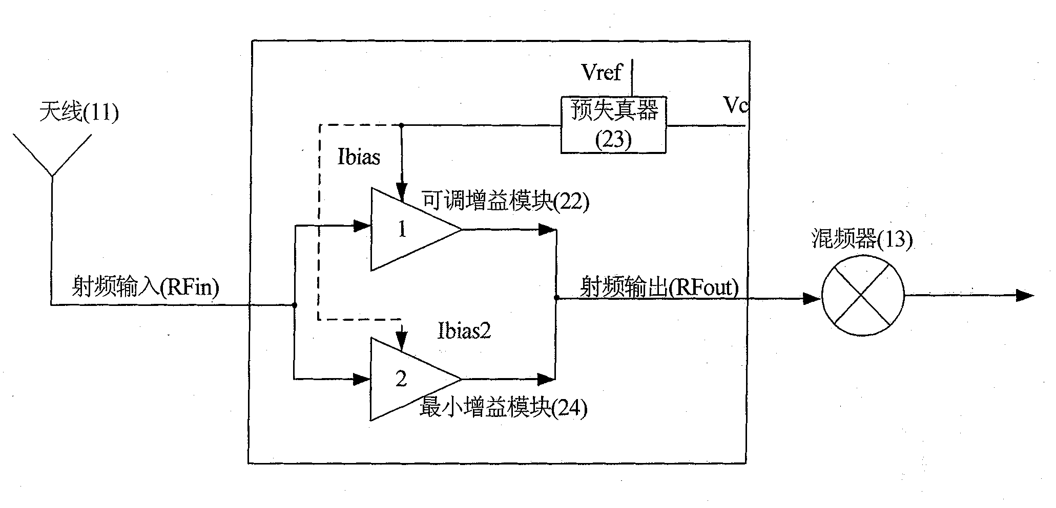 Adjustable gain low noise amplifier