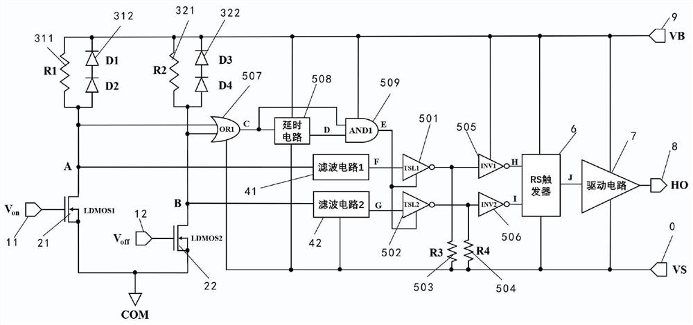 Noise suppression high-voltage level shift circuit based on delay self-locking