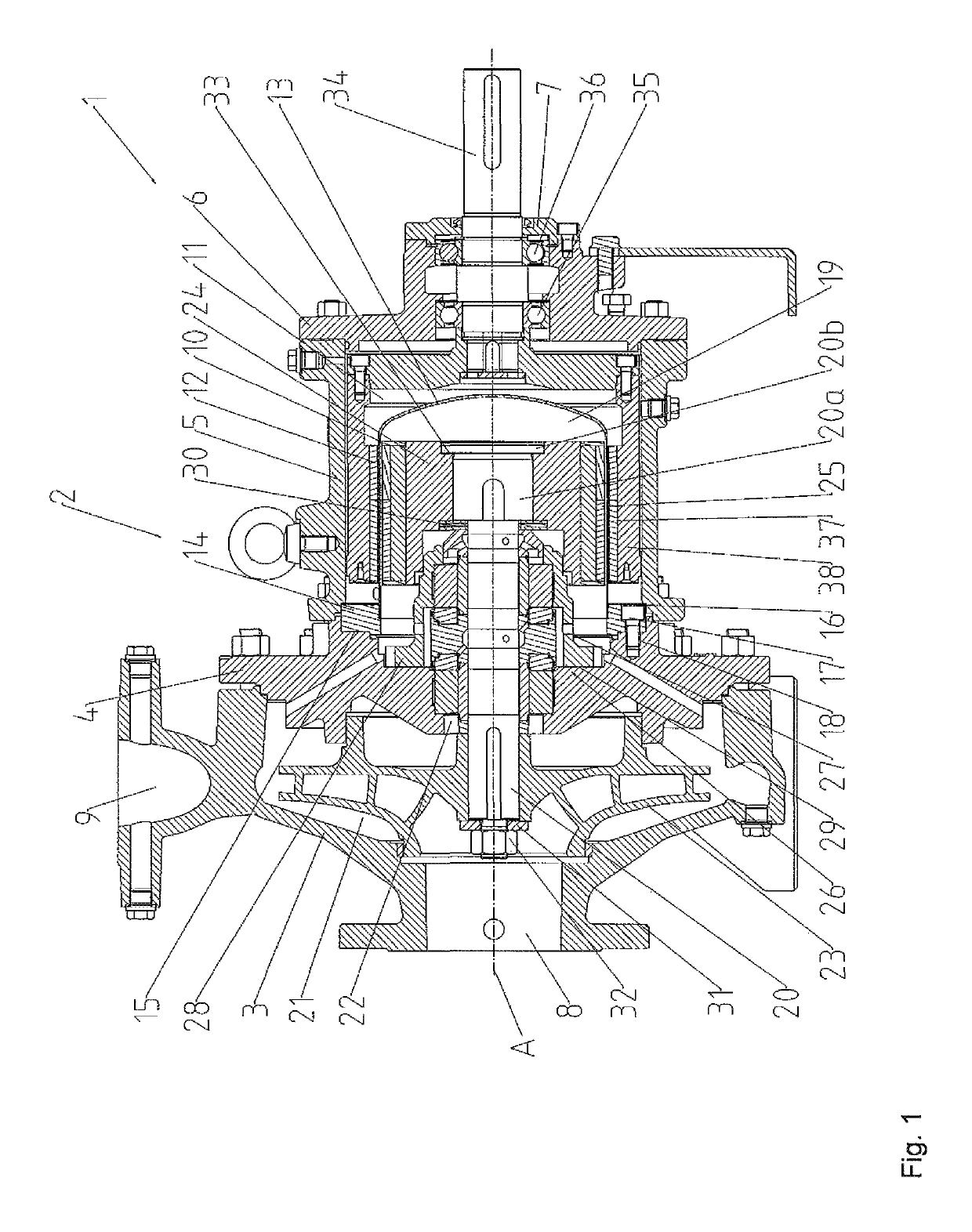 Pump arrangement for driving an impeller using an inner rotor which interacts with an outer rotor and the outer rotor having a radially outer circumferential projection