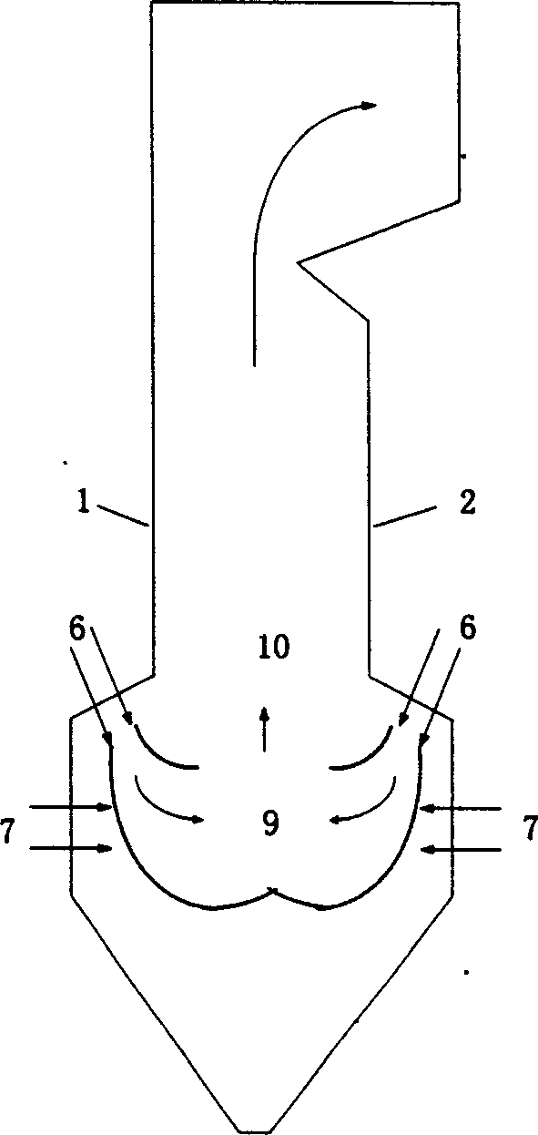 Device and method for w shape flame boiler completely burning