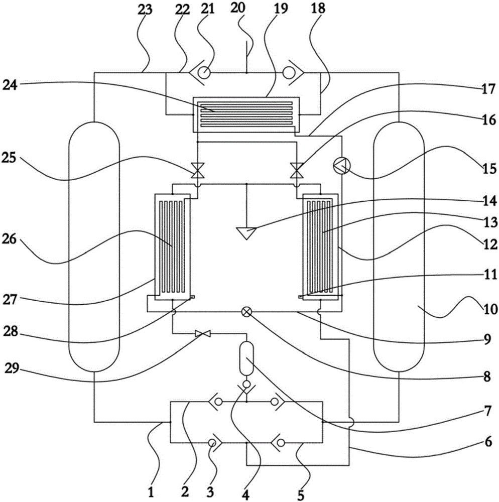 Front-end refrigerating and regenerated gas recycling and heating system for adsorbing drying machine