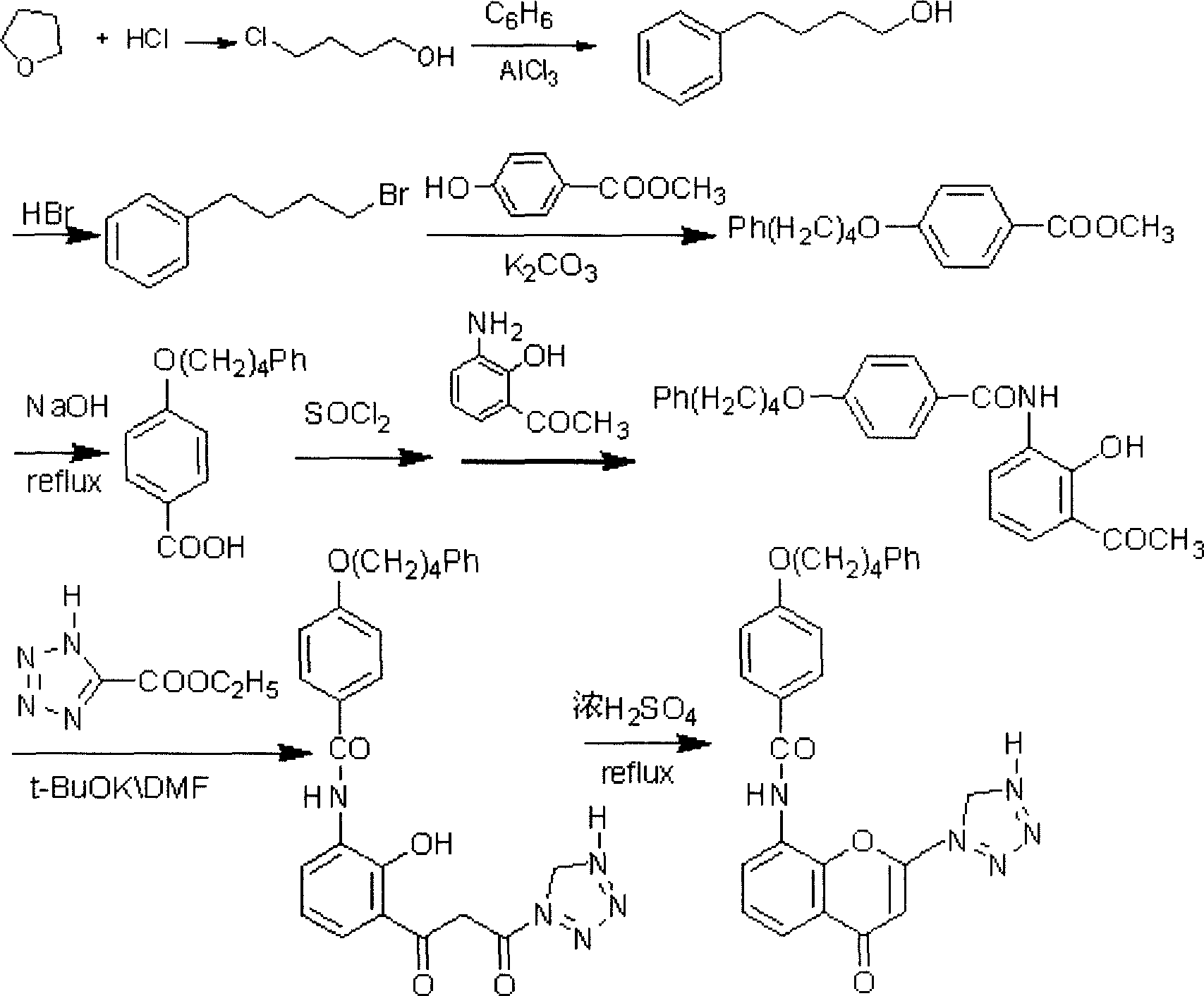 Method for synthesizing drug pranlukast from tetrahydrofuran path