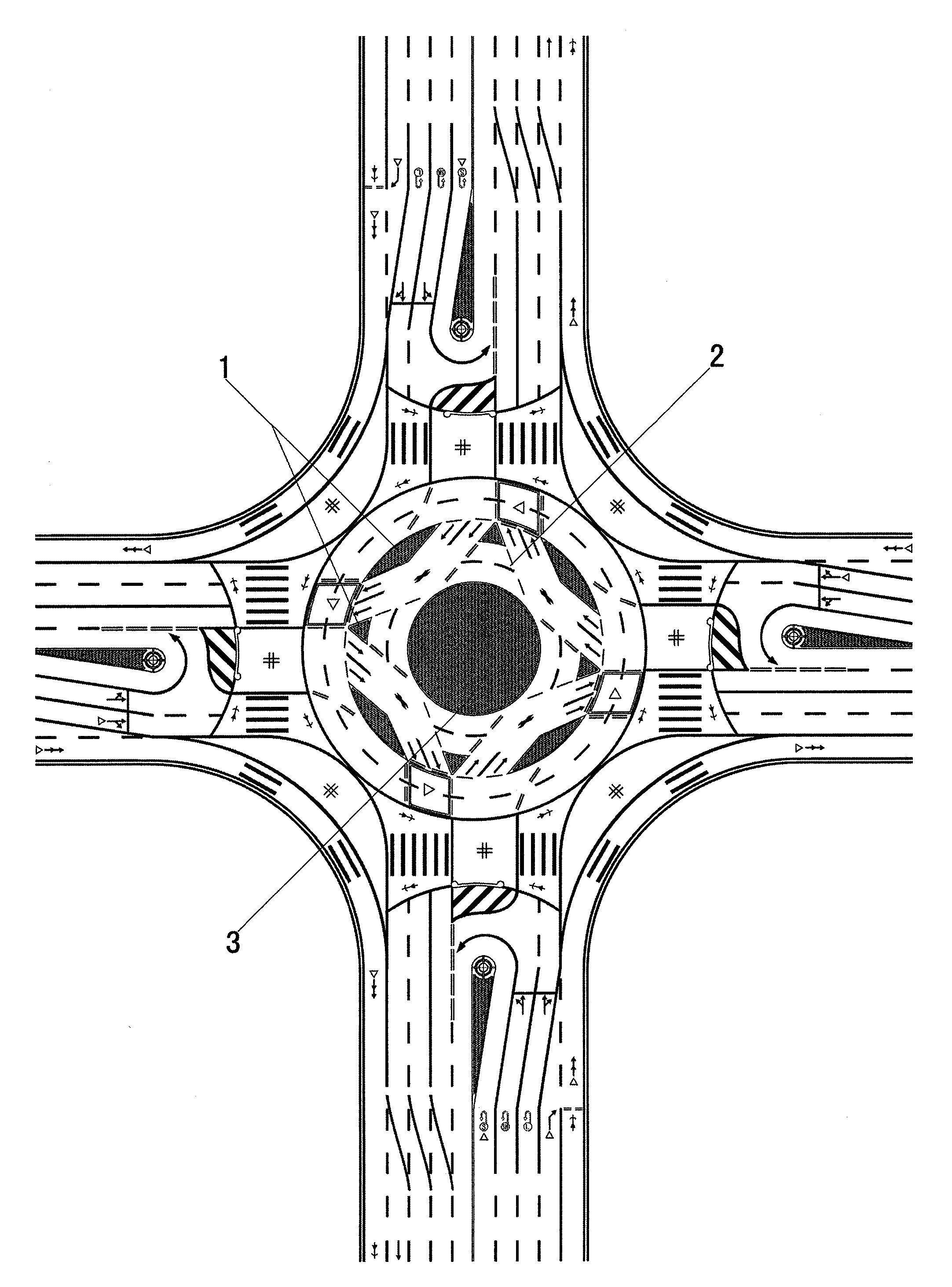 Road buffering island and use thereof