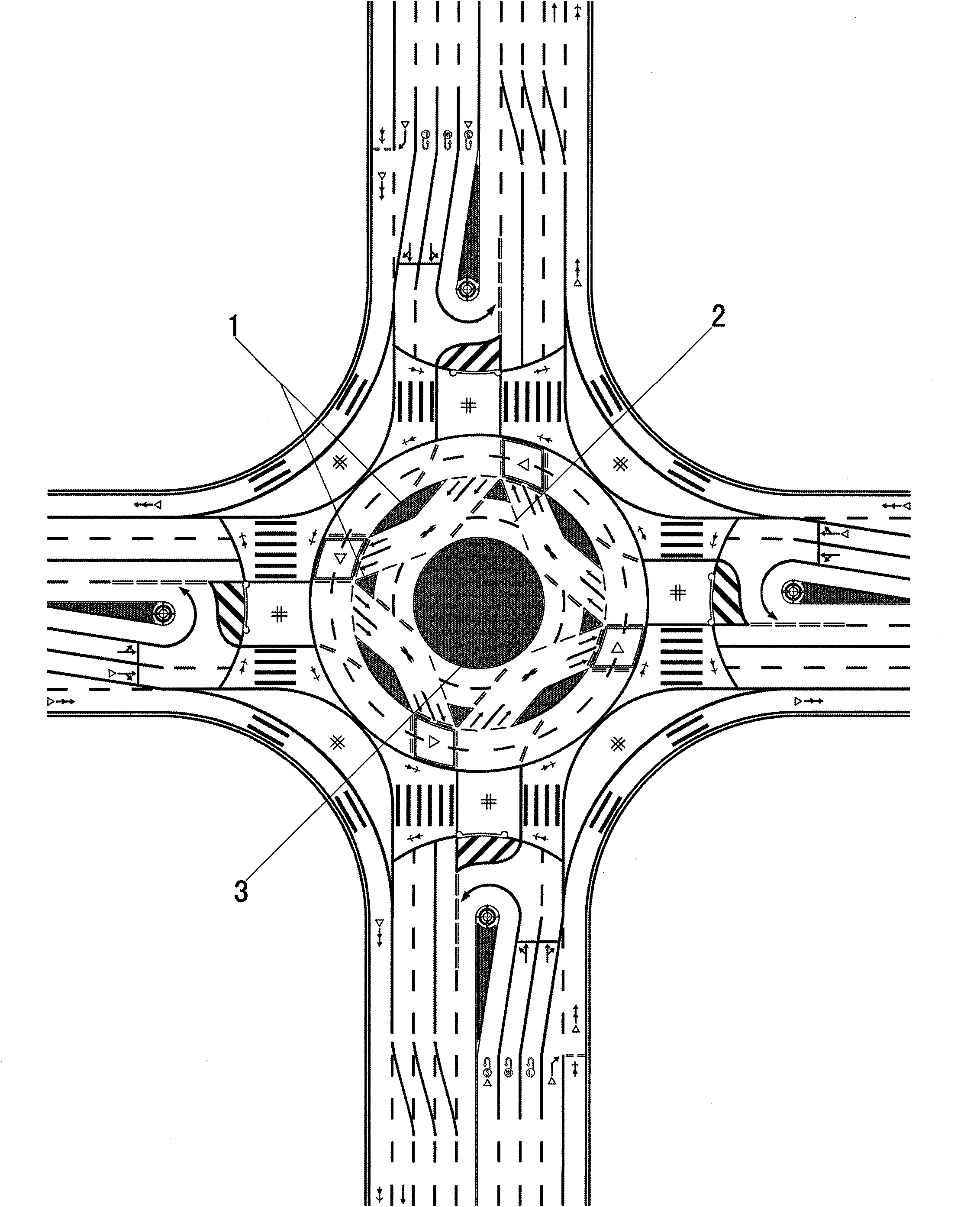 Road buffering island and use thereof