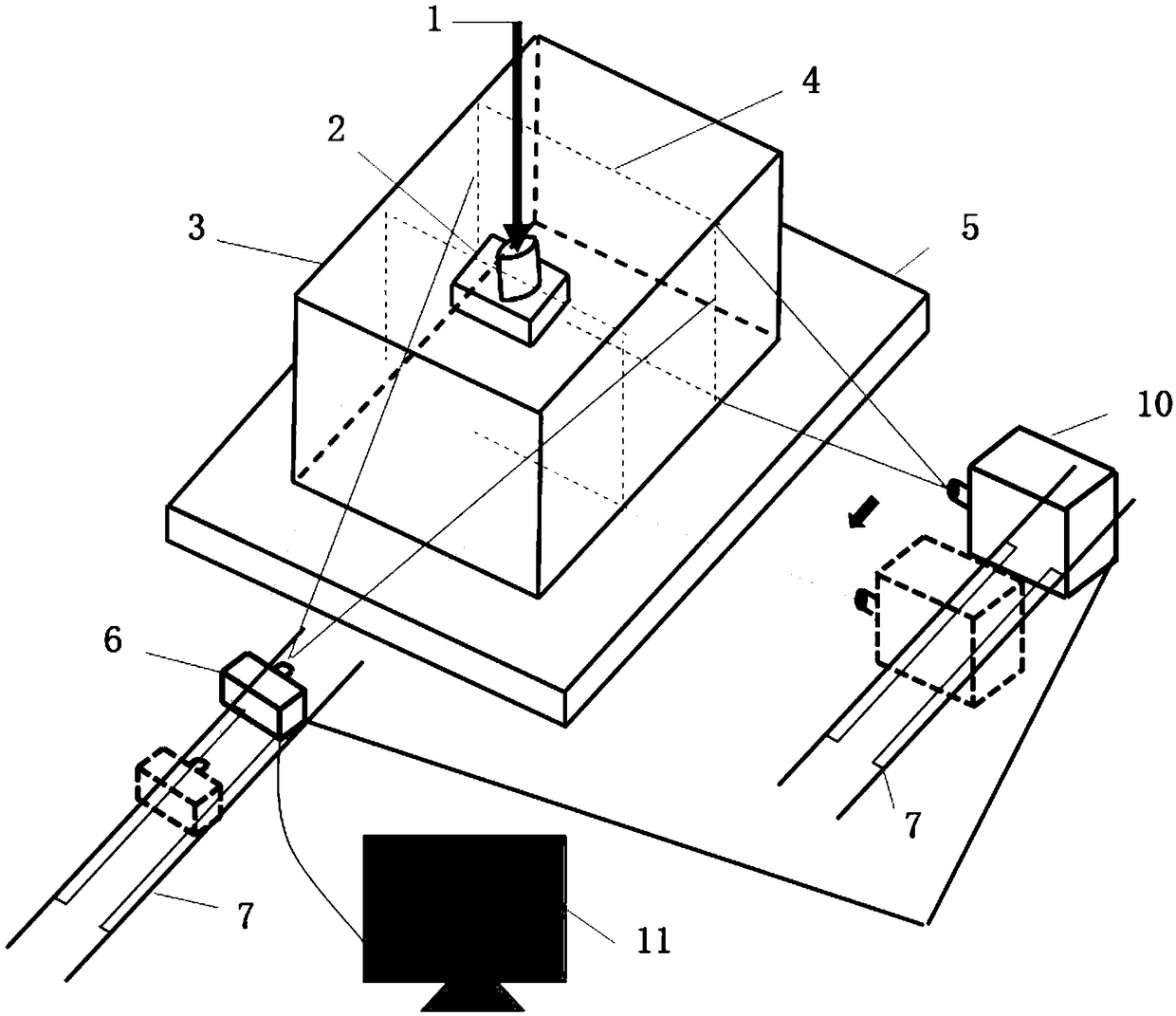 Testing device for observing deformation of three-dimensional space in transparent soil model and application method thereof