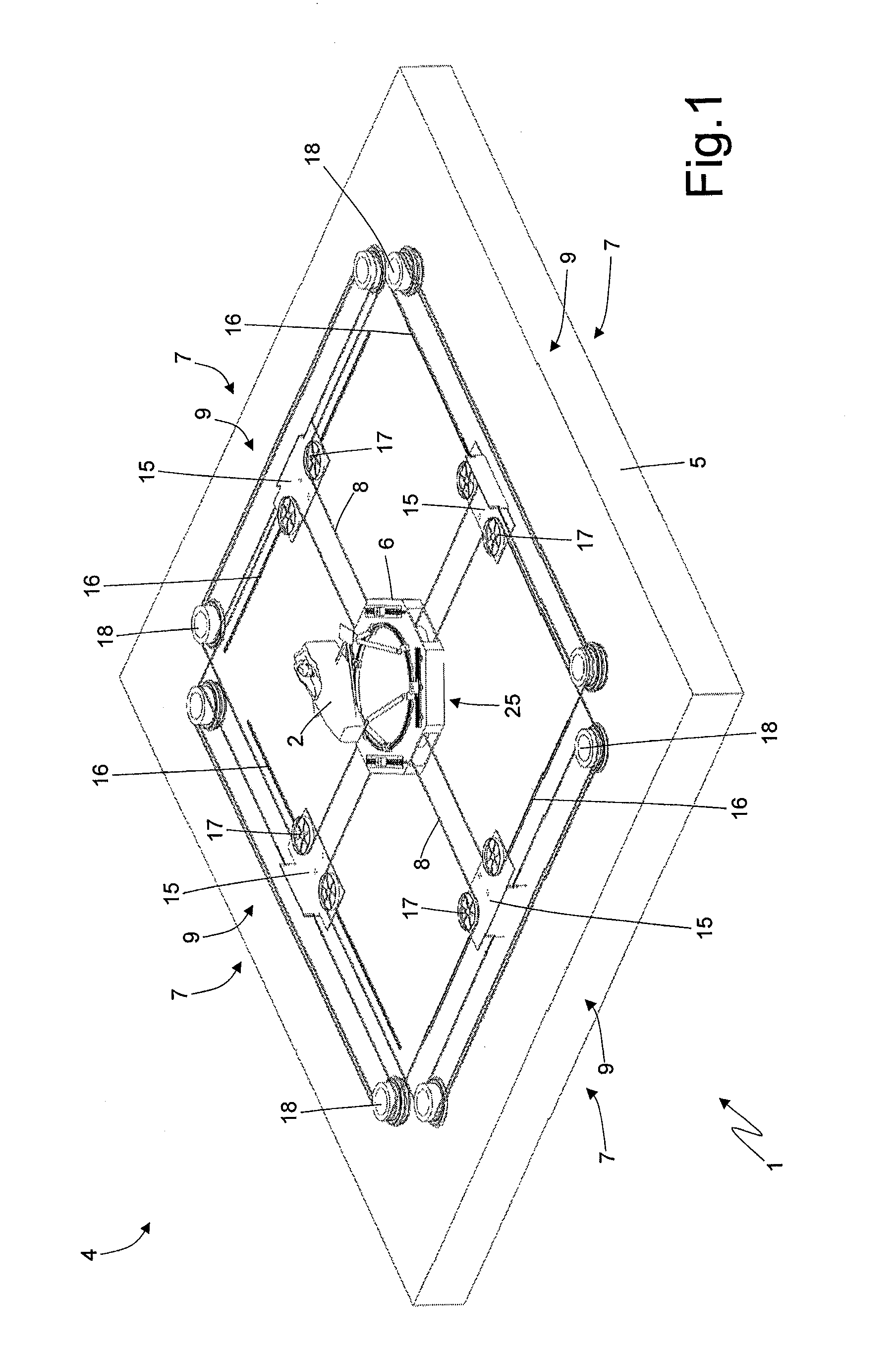 Vehicle simulator with a moving system with tensioned ropes