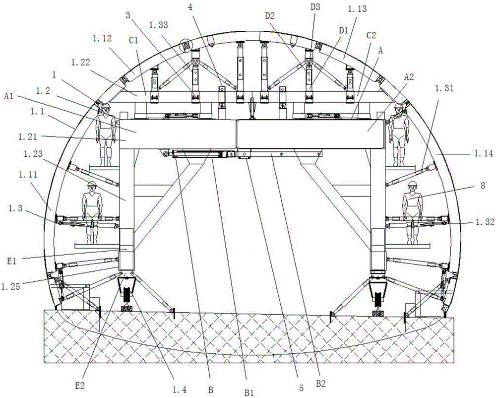 Lining trolley for construction of main cave and emergency vehicle avoidance strip and construction method of lining trolley