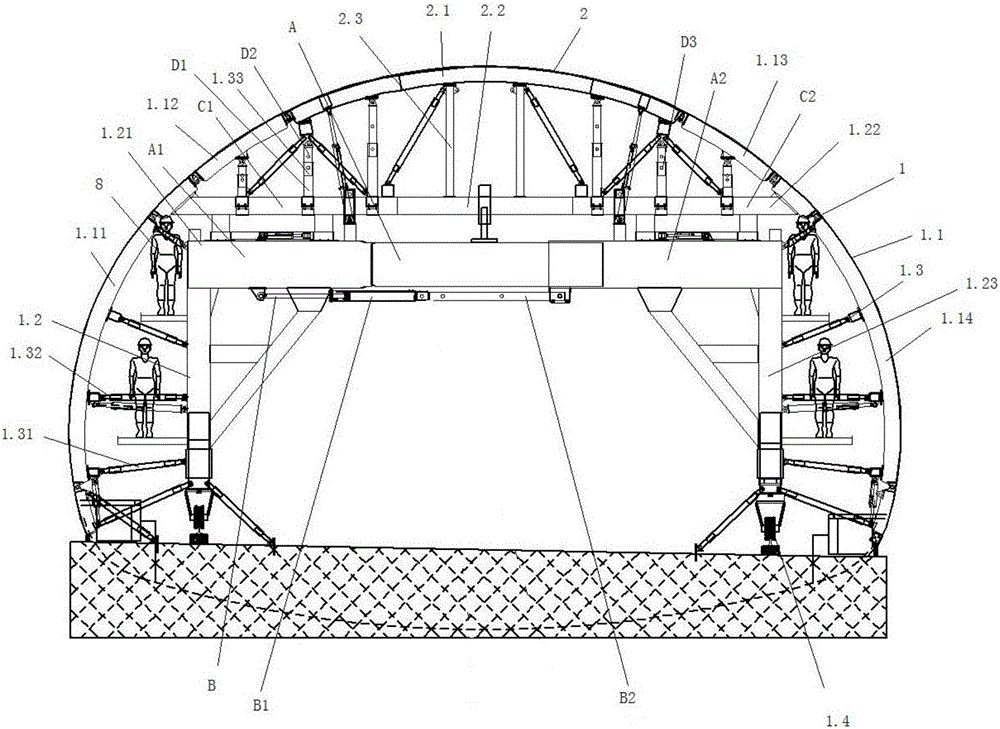 Lining trolley for construction of main cave and emergency vehicle avoidance strip and construction method of lining trolley