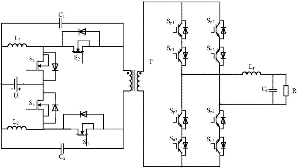 High-frequency chain matrix type inverter topology with front stage being dual Buck-Boost inverters and modulation method thereof