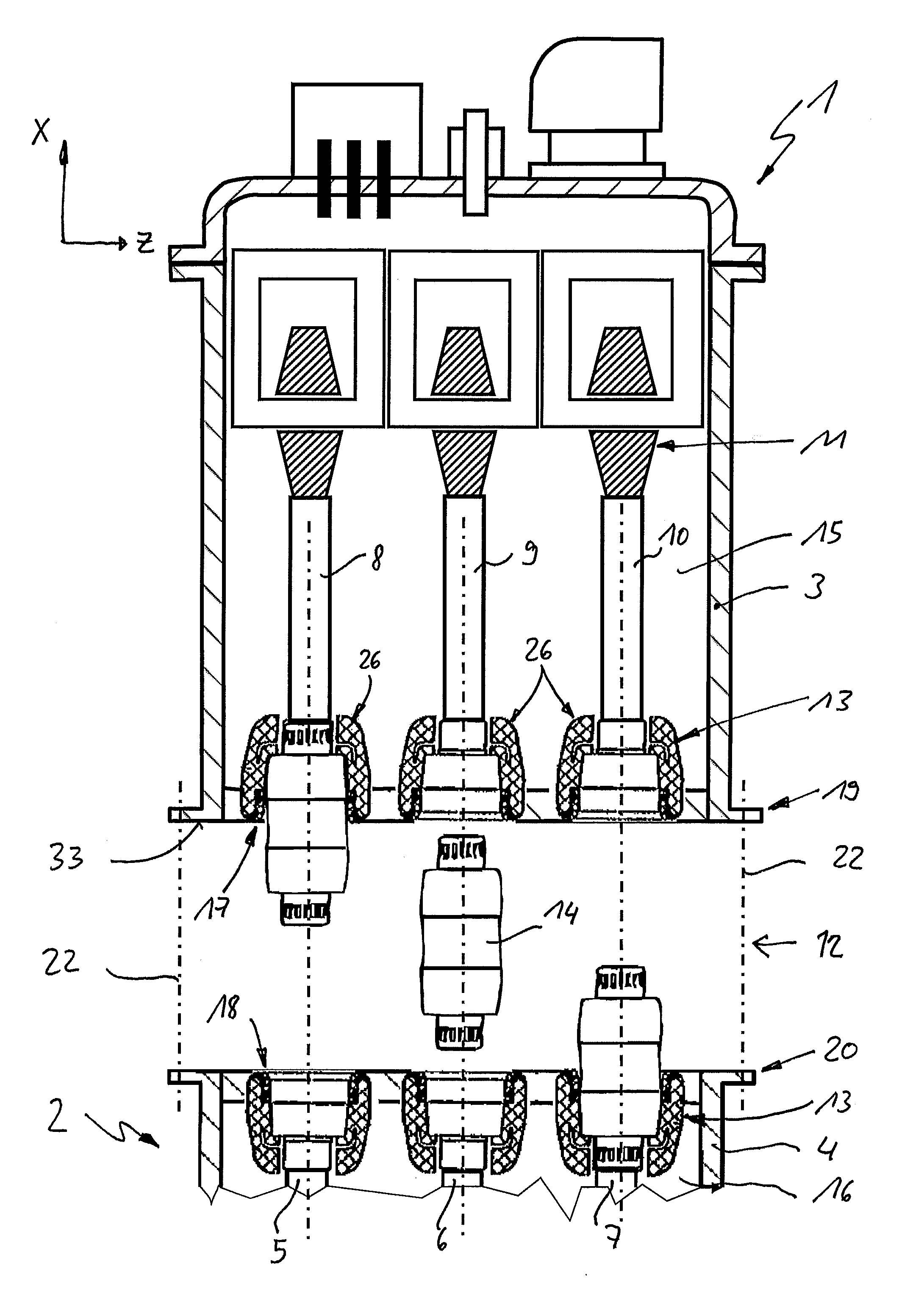 Plug-in primary power connections of two modules of a gas-insulated high-voltage switchgear assembly