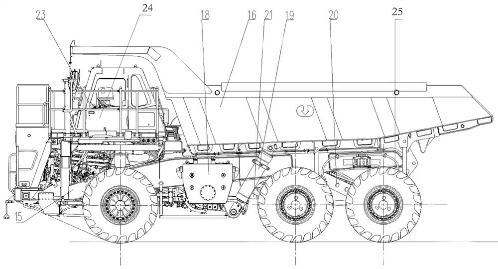 Super-tonnage three-bridge rigid mining dump truck