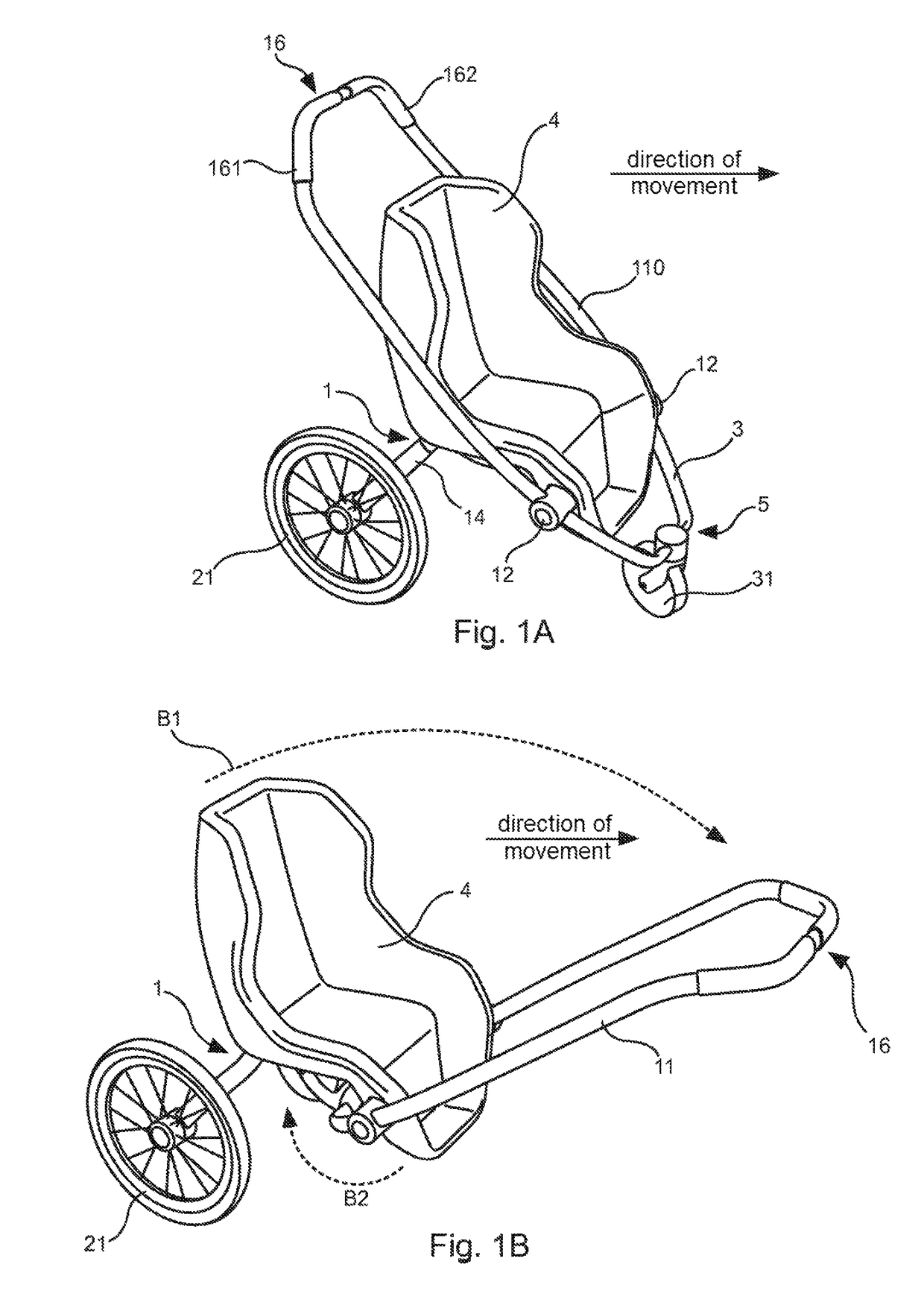 Stroller for a child which is convertible into bicycle trailer