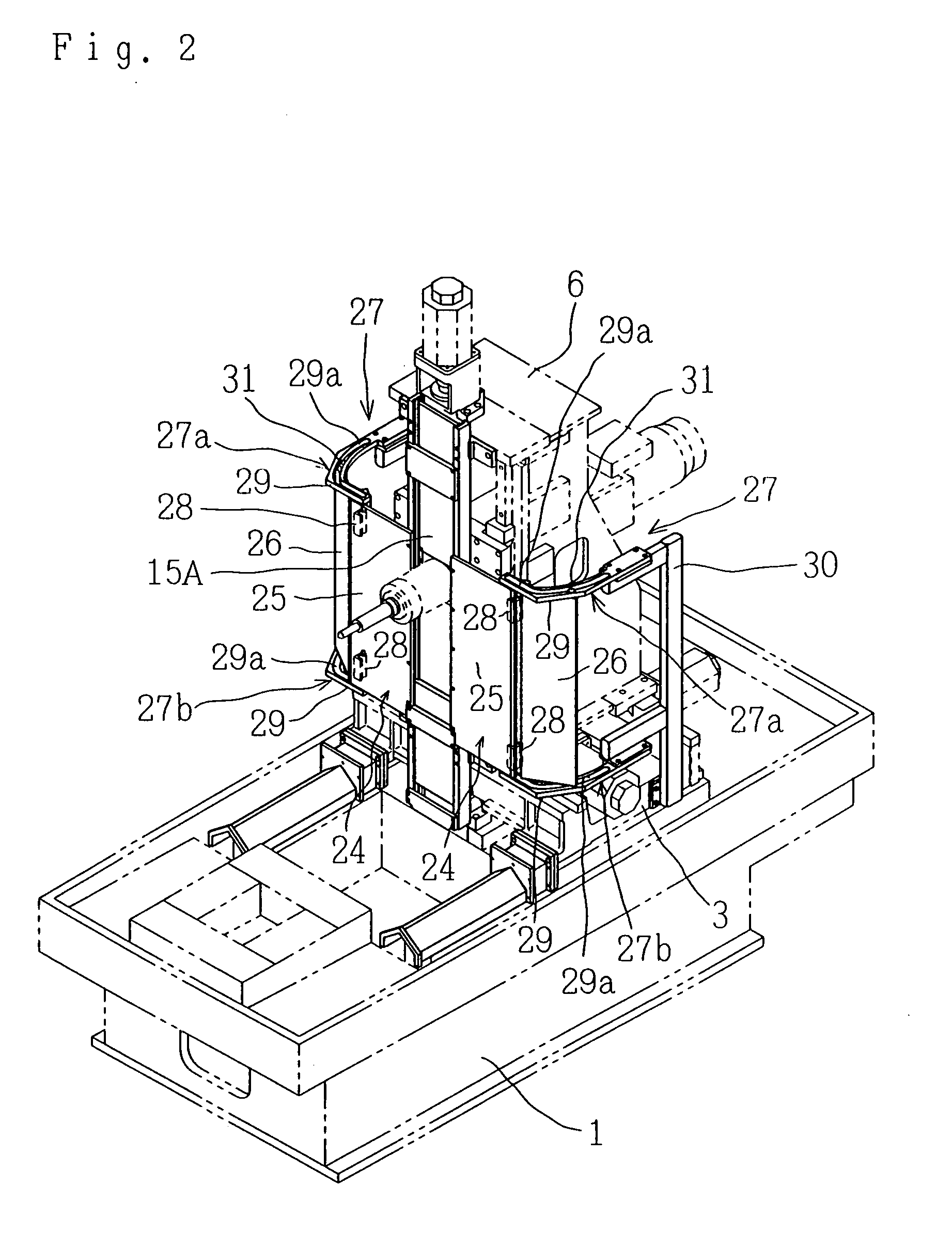 Column moving type machine tool with shield machining space