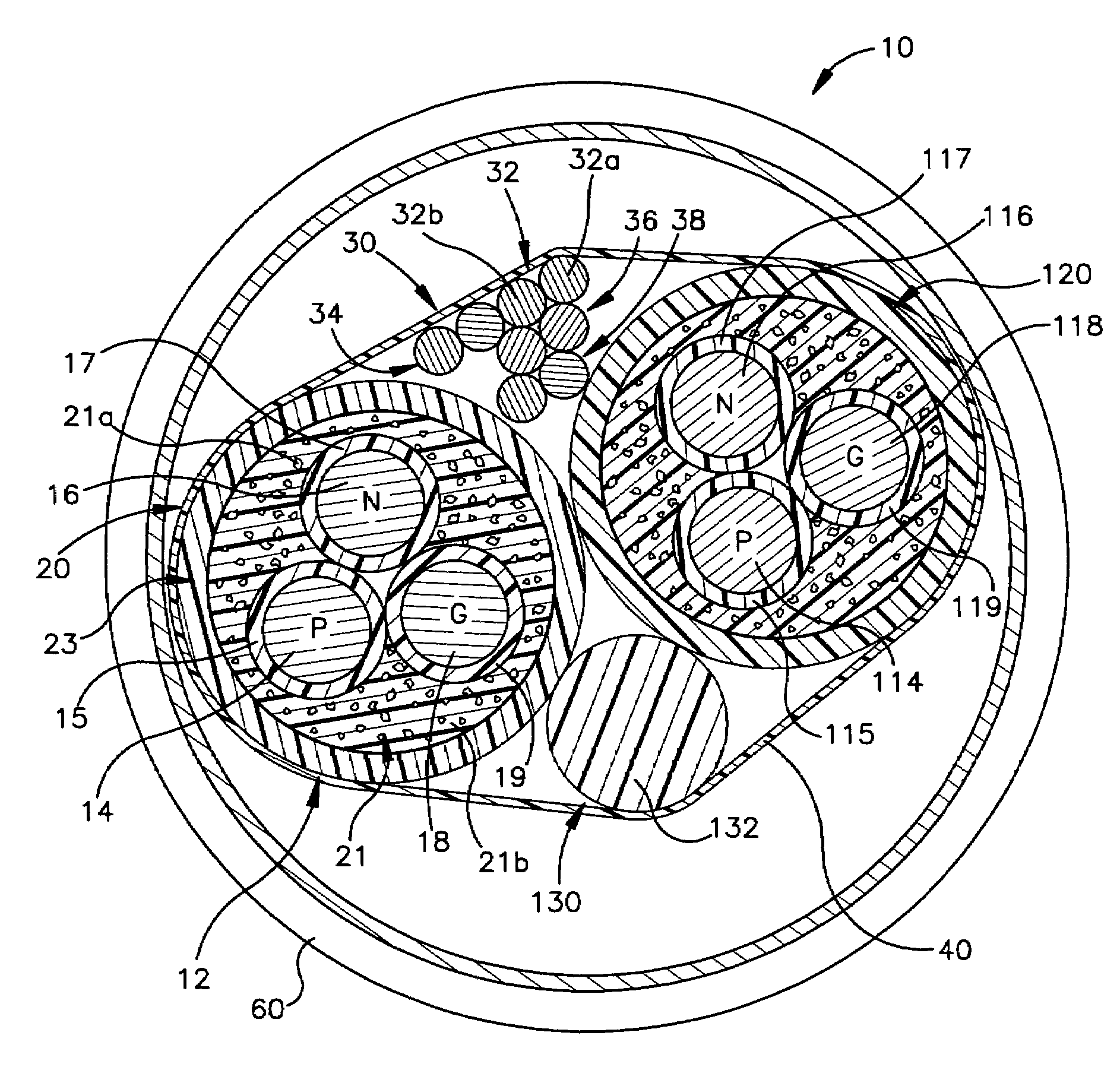 Insulated, high voltage power cable for use with low power signal conductors in conduit