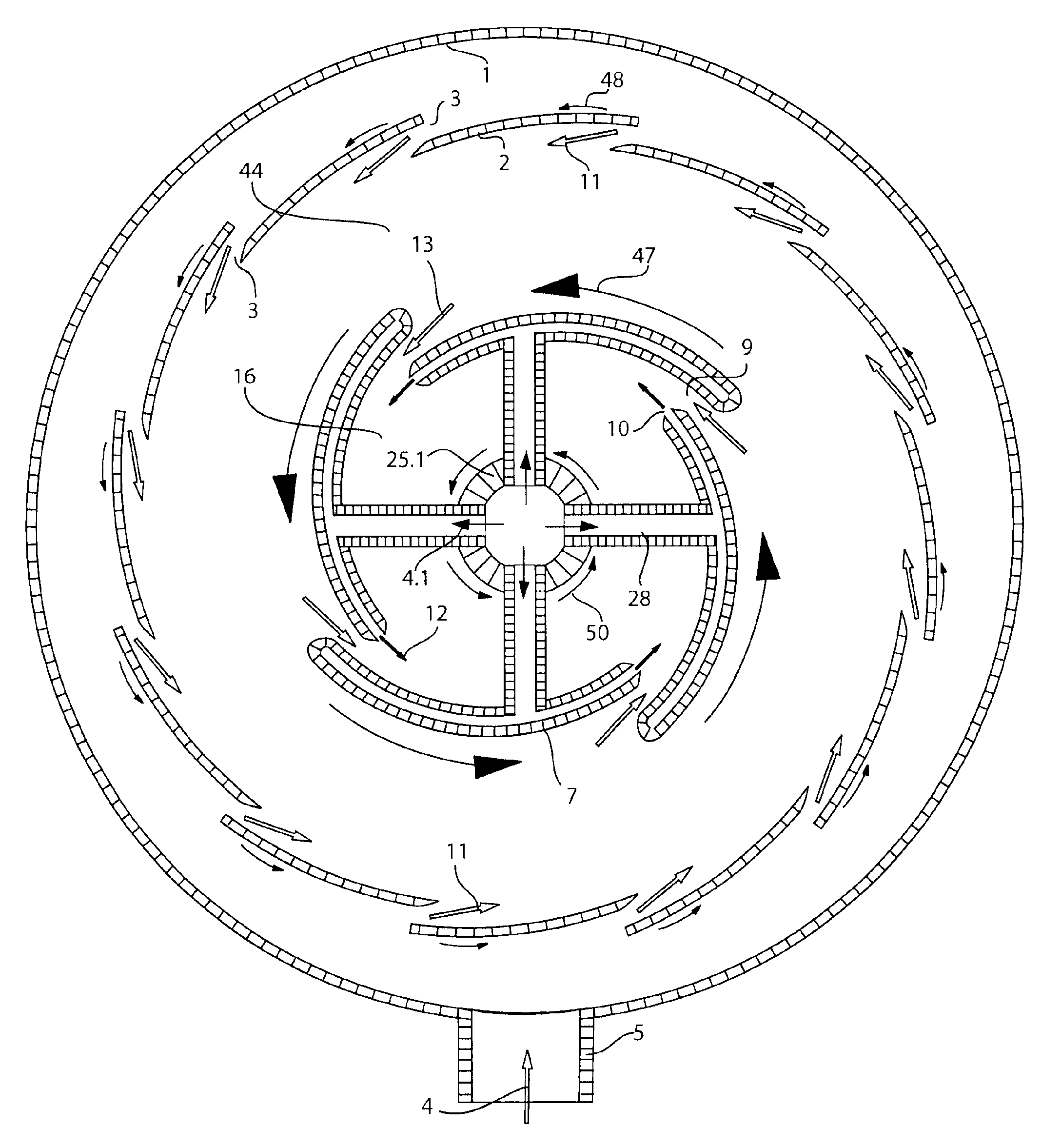 Device and method for injecting fluid into a rotating fluidized bed