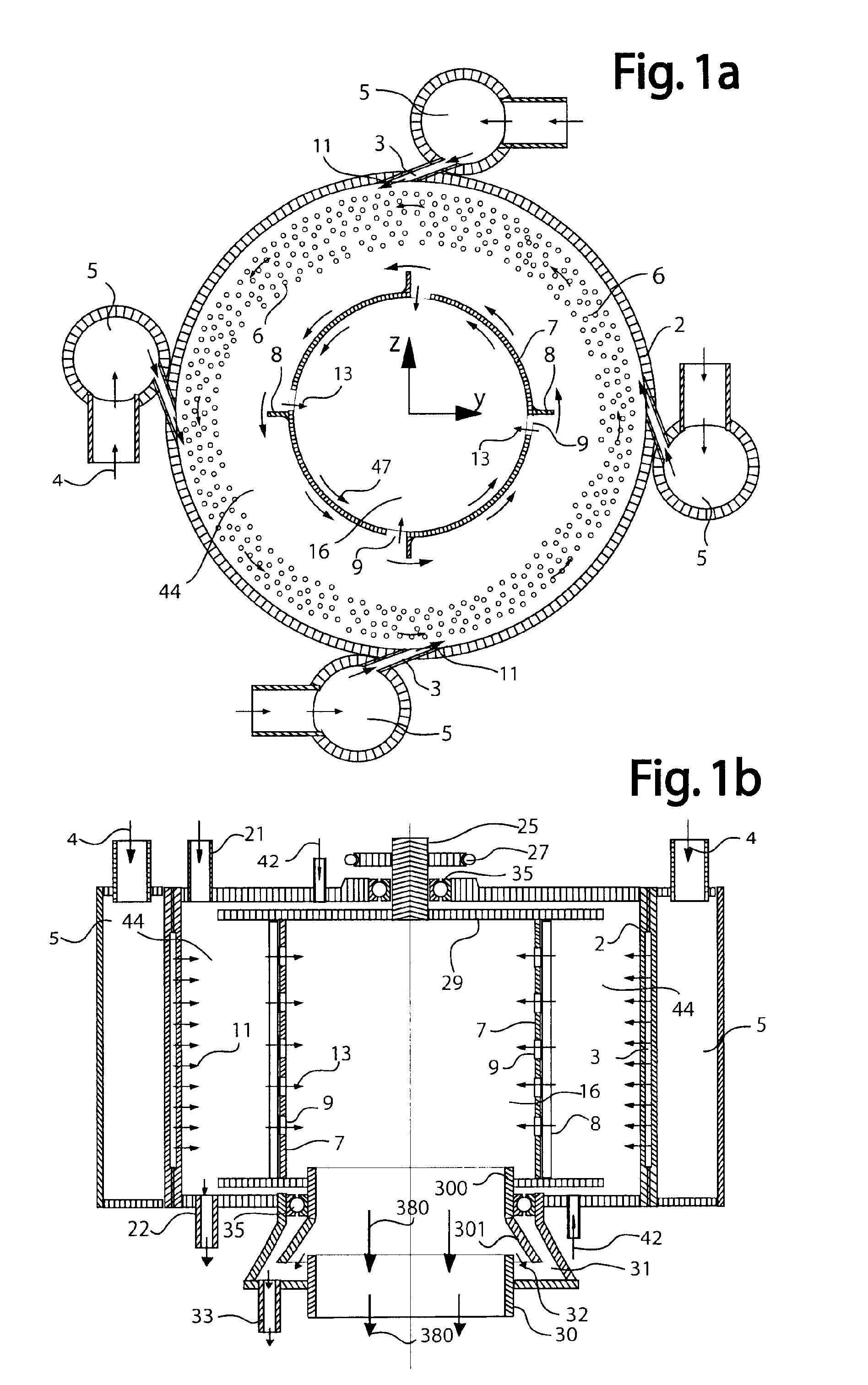 Device and method for injecting fluid into a rotating fluidized bed