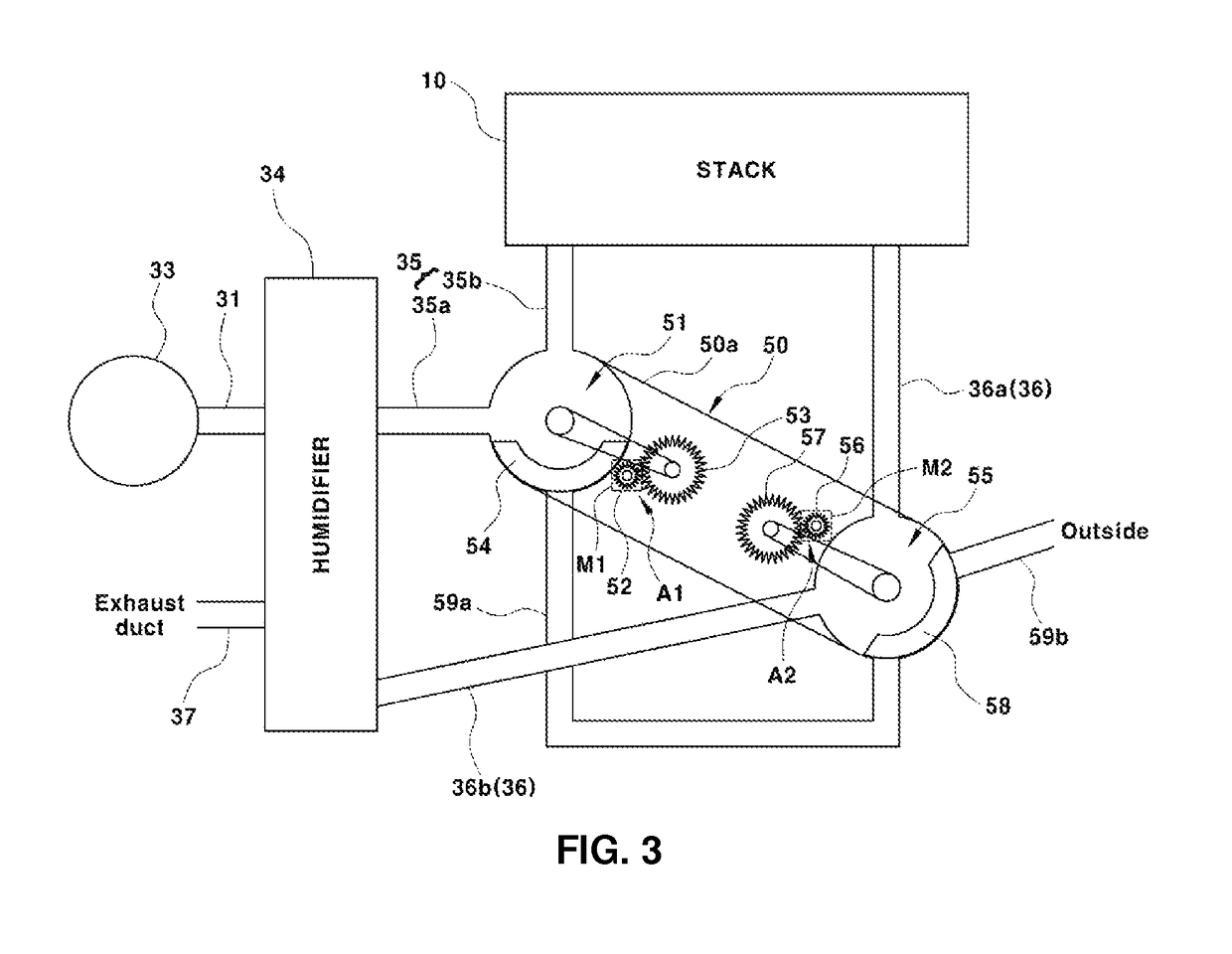 Fuel cell system having valve module between fuel cell stack and humidifier