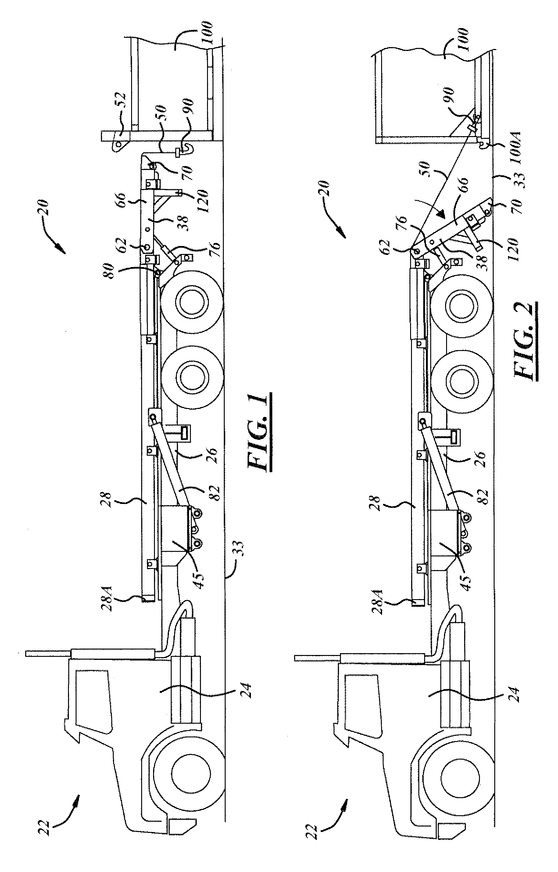 Roll off hoist with hinged tail and hydraulic reeving system