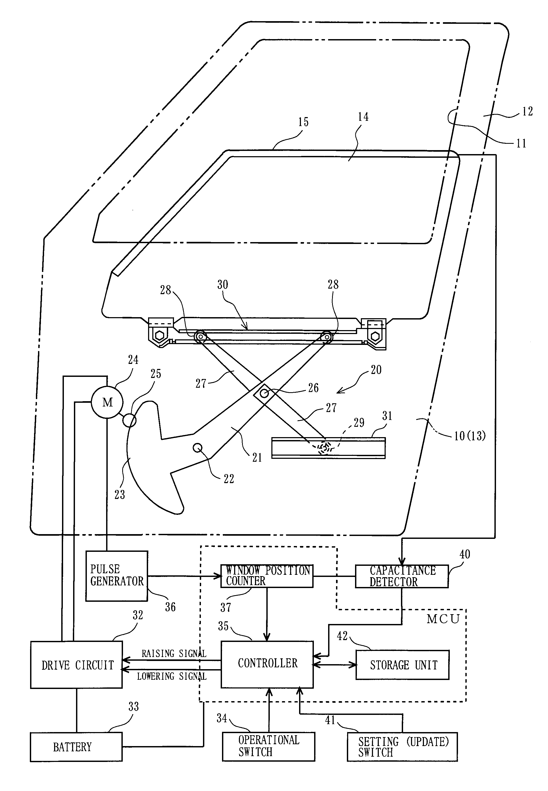 Safety device for power window, opening/closing control method and plate-glass processing method