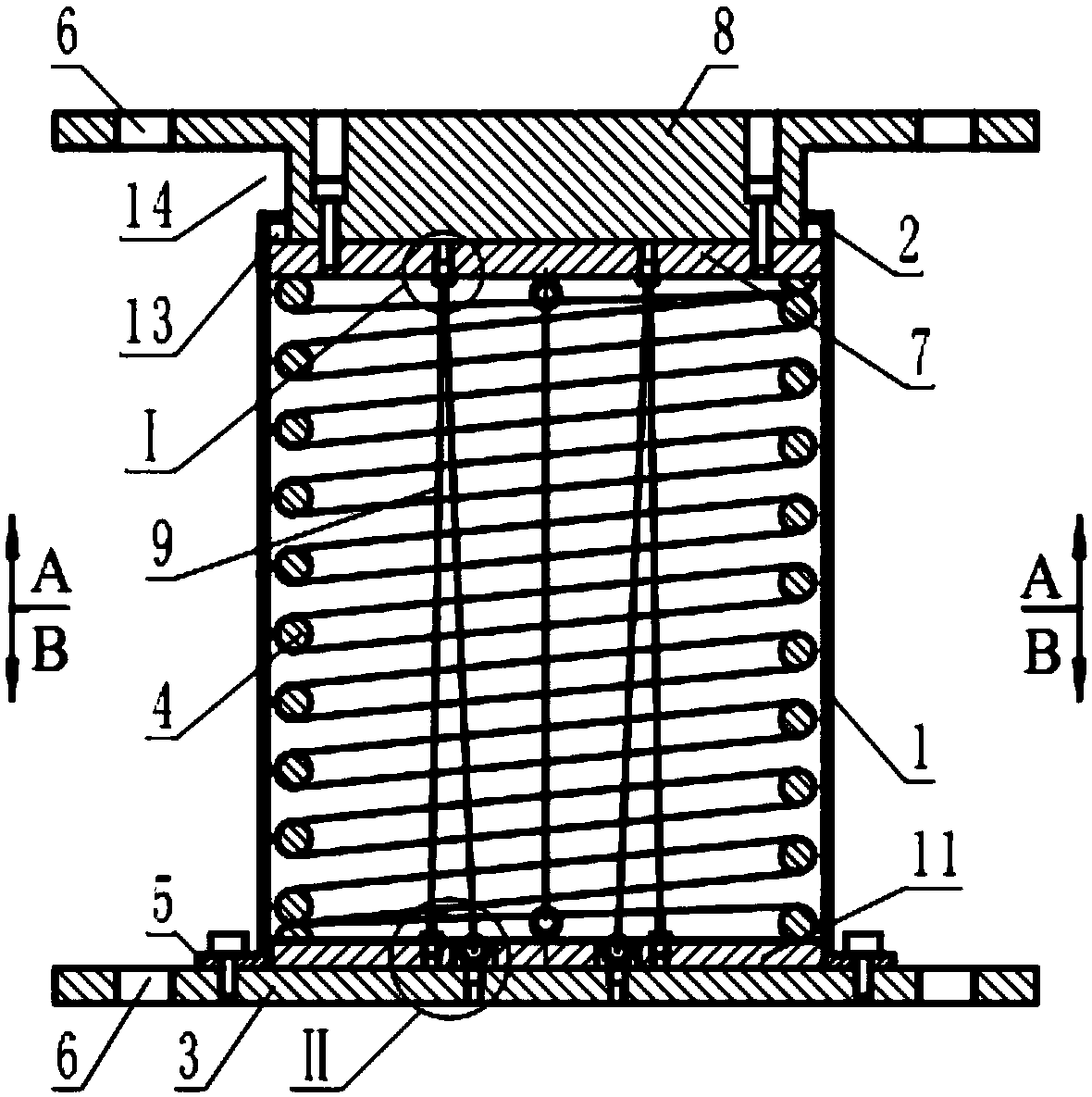 A helical compression spring damper with preset initial stiffness