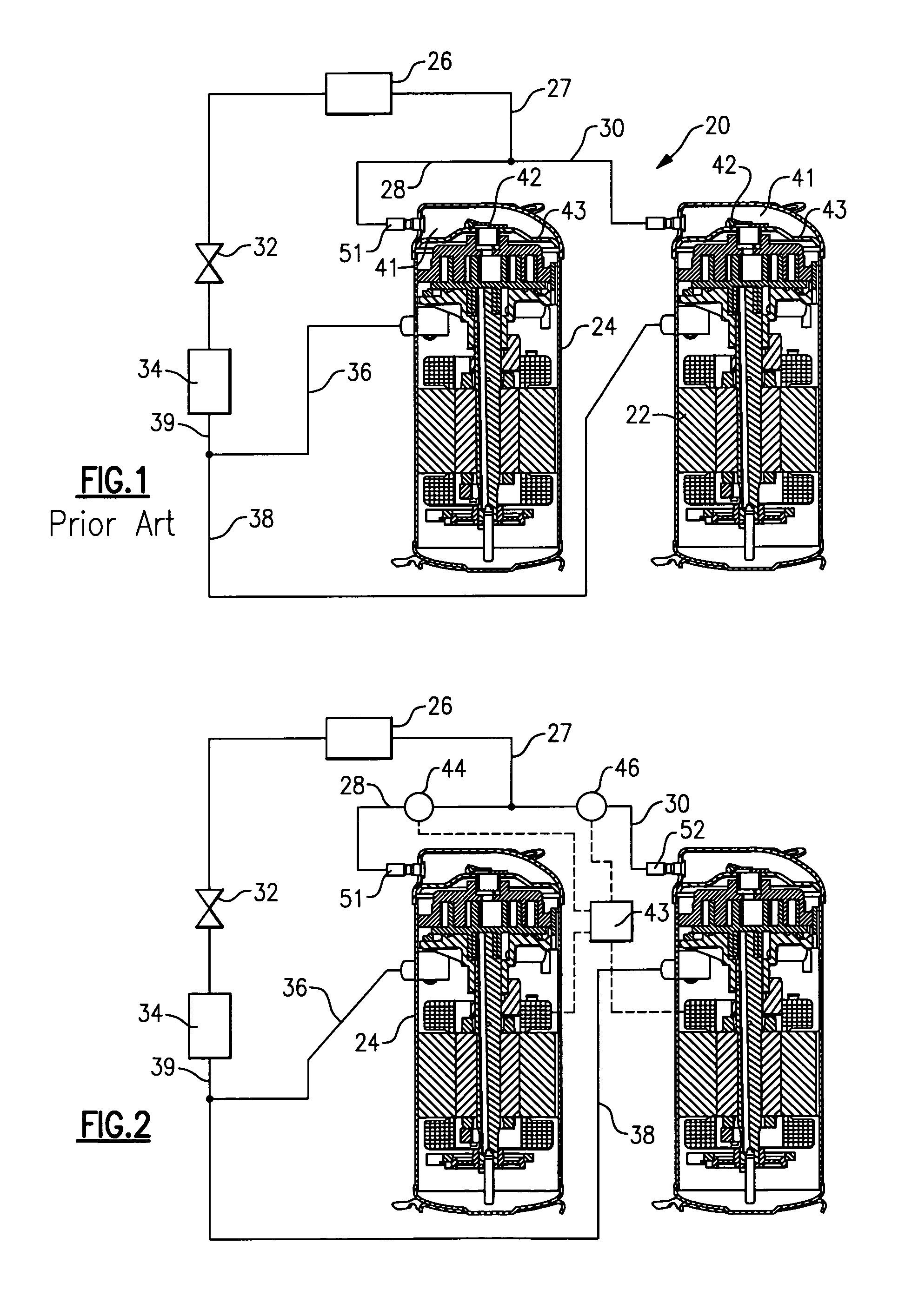 Tandem compressors with discharge valve on connecting lines