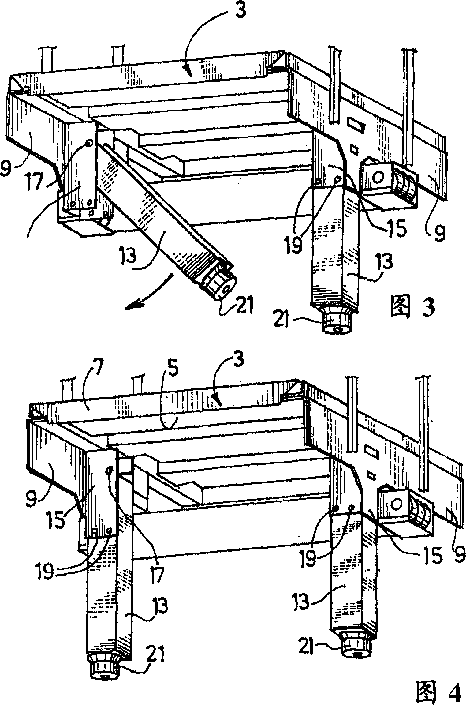 Elevator car with fold-away shock absorbing legs, and the corresponding elevator