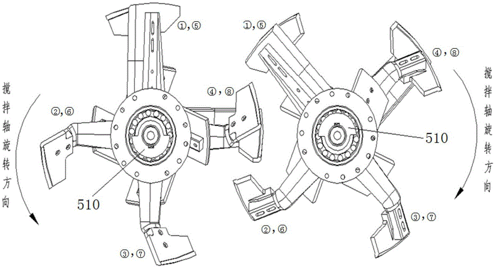 Double-horizontal-shaft vibrating and stirring device with main blades and auxiliary blades