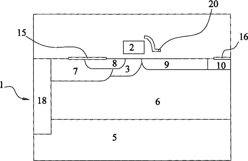 LDMOS device with transverse diffusing buried layer below grid