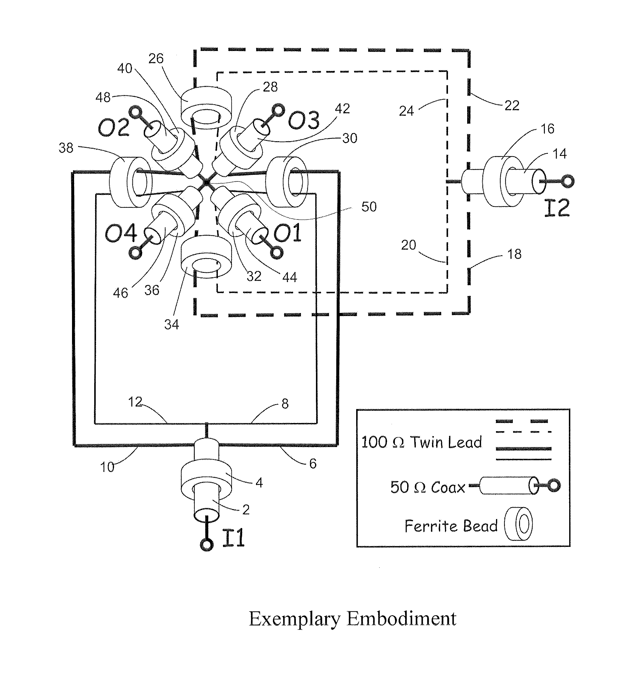 Wide bandwidth integrated 2x4 RF divider