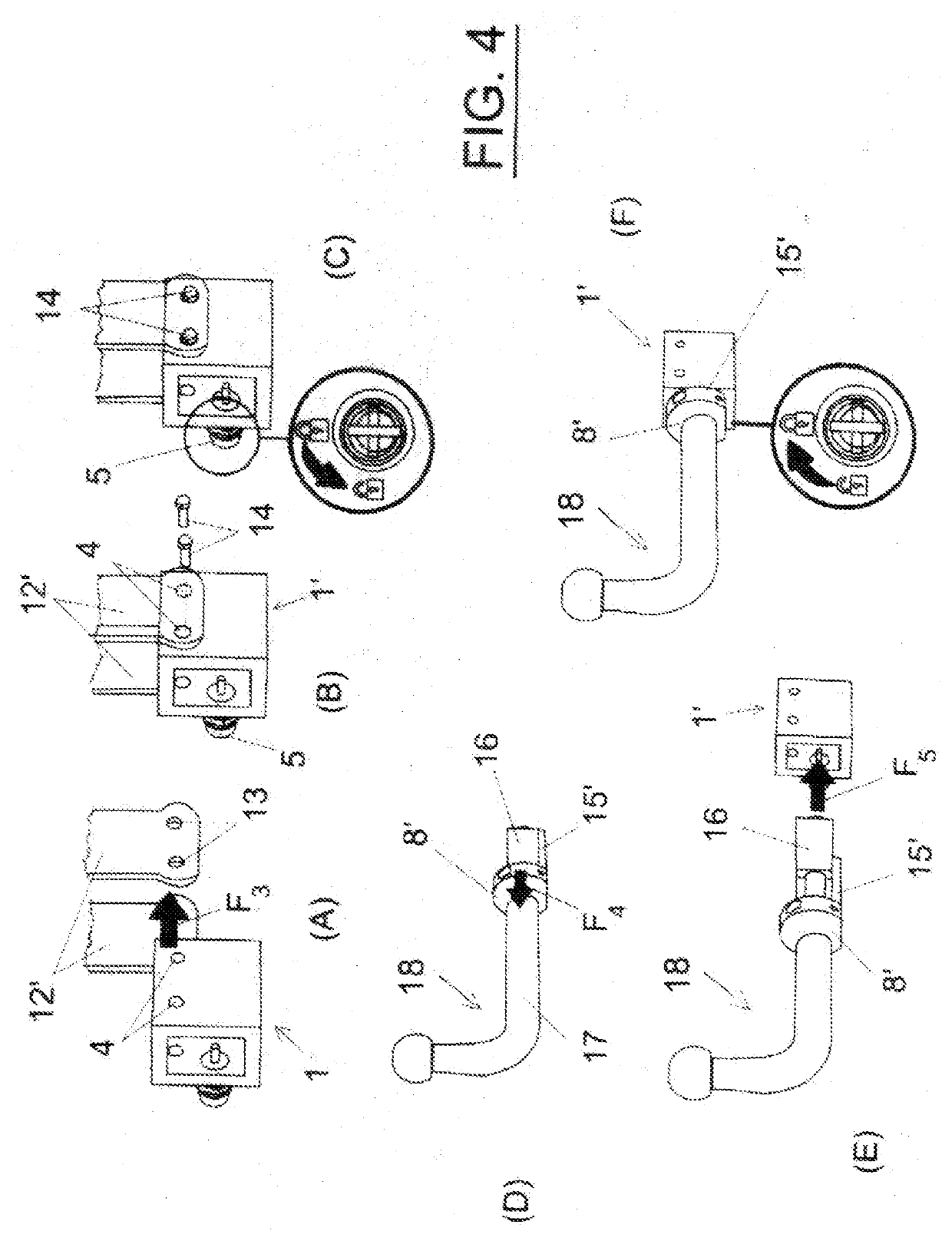 Demountable Hitching Device for Towing by Vehicles, and Associated Unlocking Device