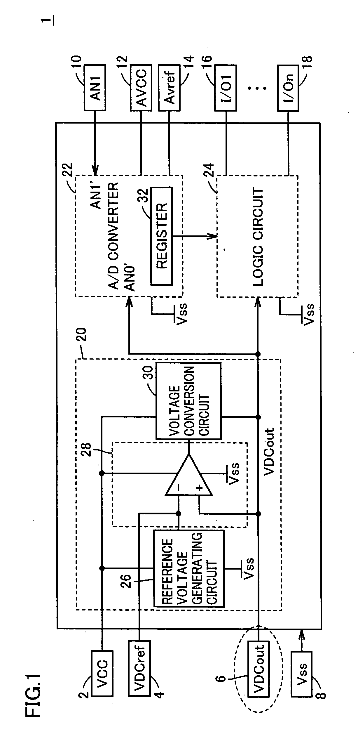 Semiconductor integrated circuit in which voltage down converter output can be observed as digital value and voltage down converter output voltage is adjustable