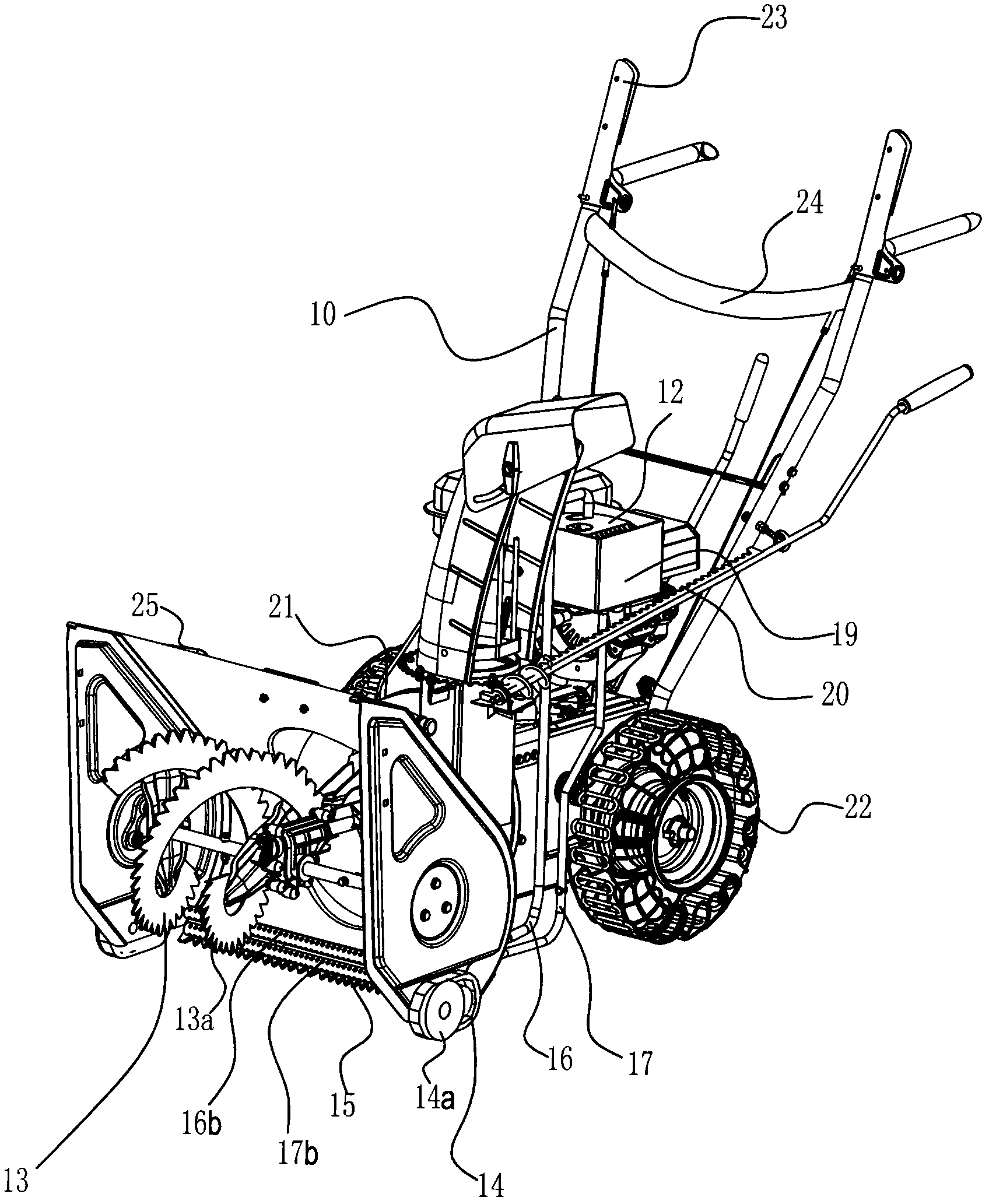 Snow plough with antiskid chains, ice tooth and snow brush auger, heat transfer steam tank and front exhaust pipe