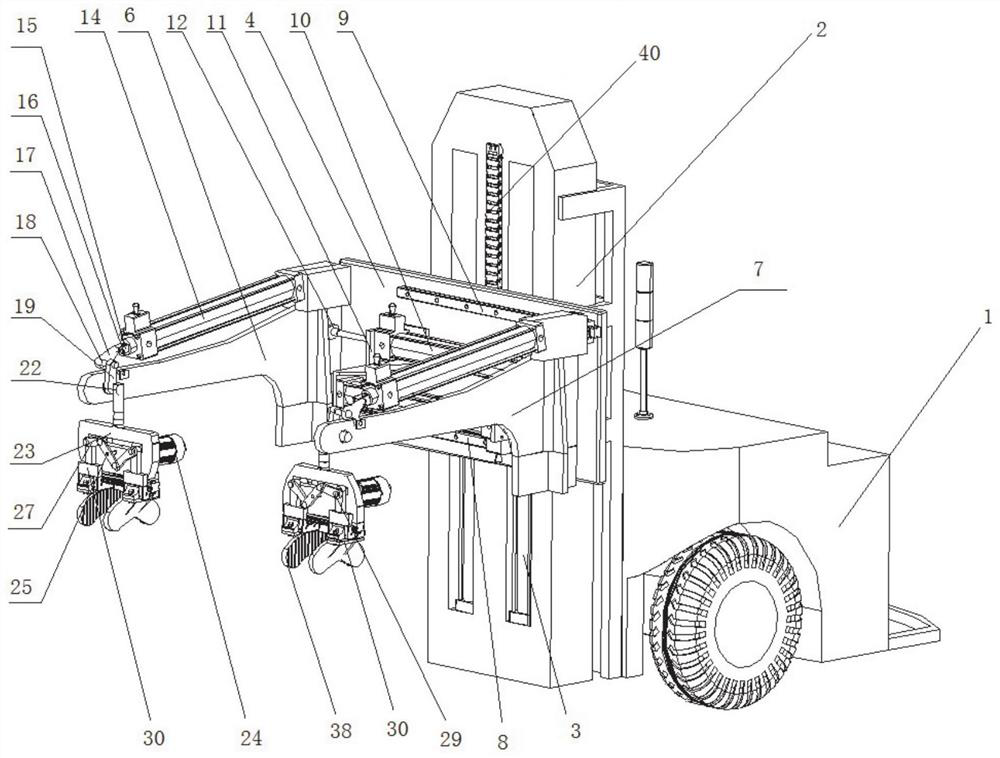 Automatic material frame clamping, overturning and transporting device and working method