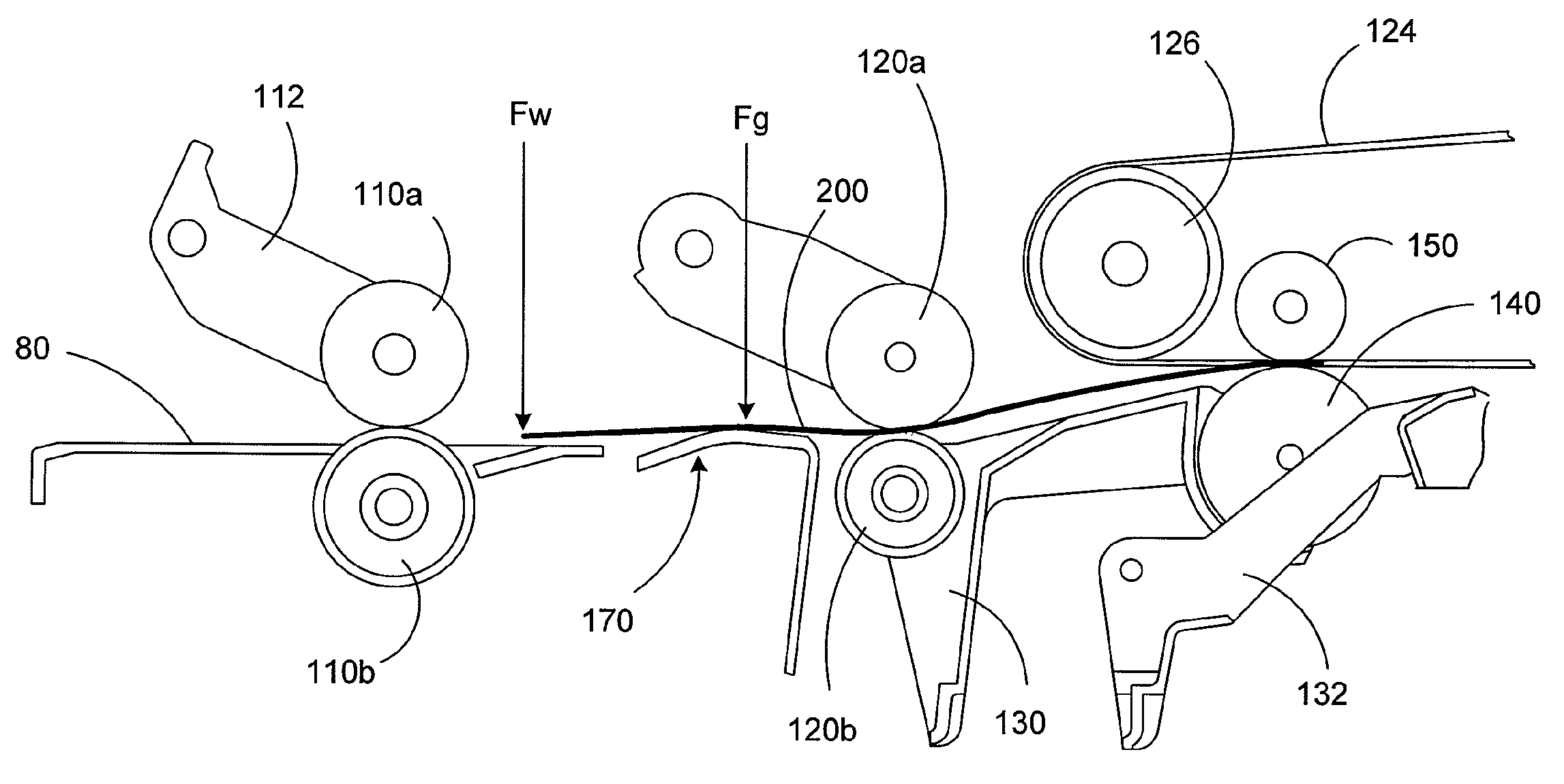 Mailing machine transport system including a guide to reduce the impact on the weighing device caused by the trailing edge of the mailpeice