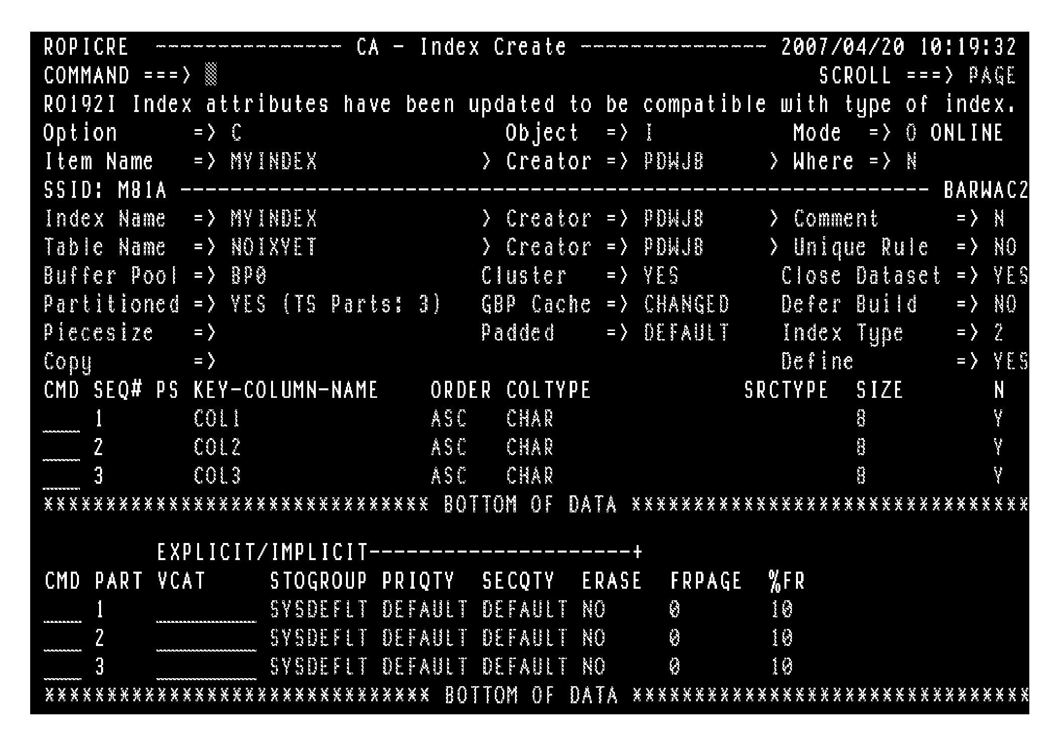 Method and apparatus to facilitate the creating and altering of index objects on tables