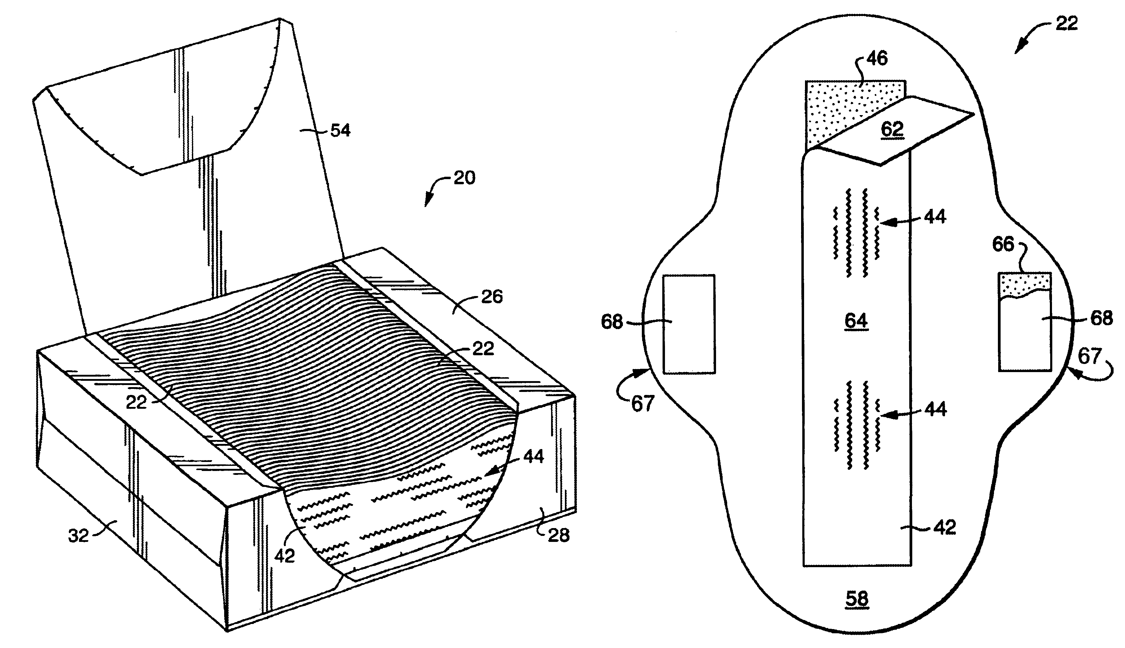 Package having an opening mechanism and containing selectively oriented absorbent articles