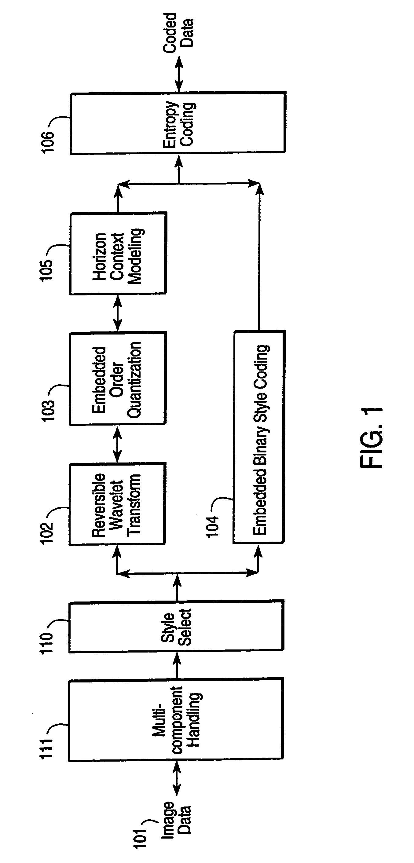 Compression and decompression with wavelet style and binary style including quantization by device-dependent parser