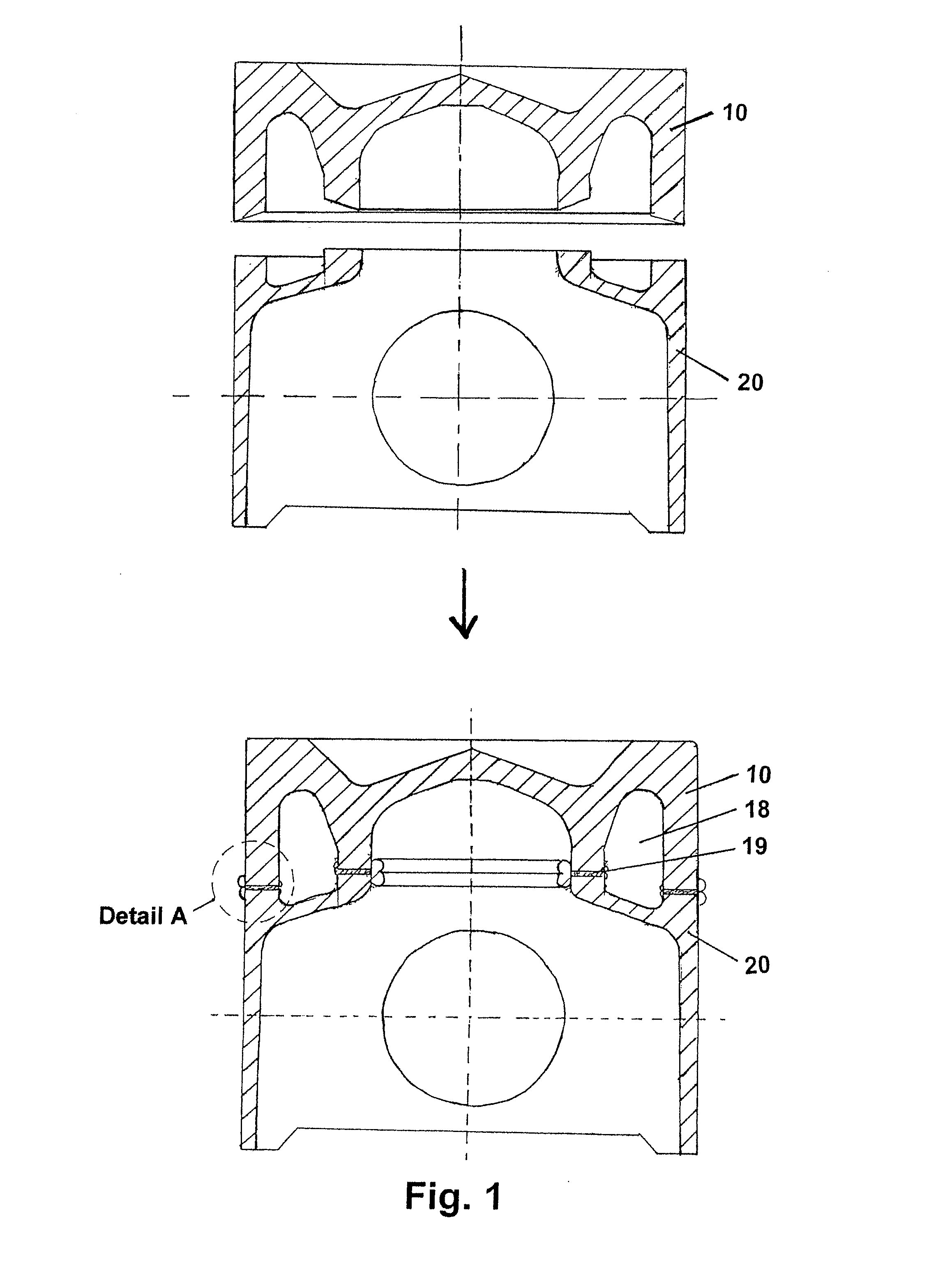 Method of friction welding of a piston having a cooling duct