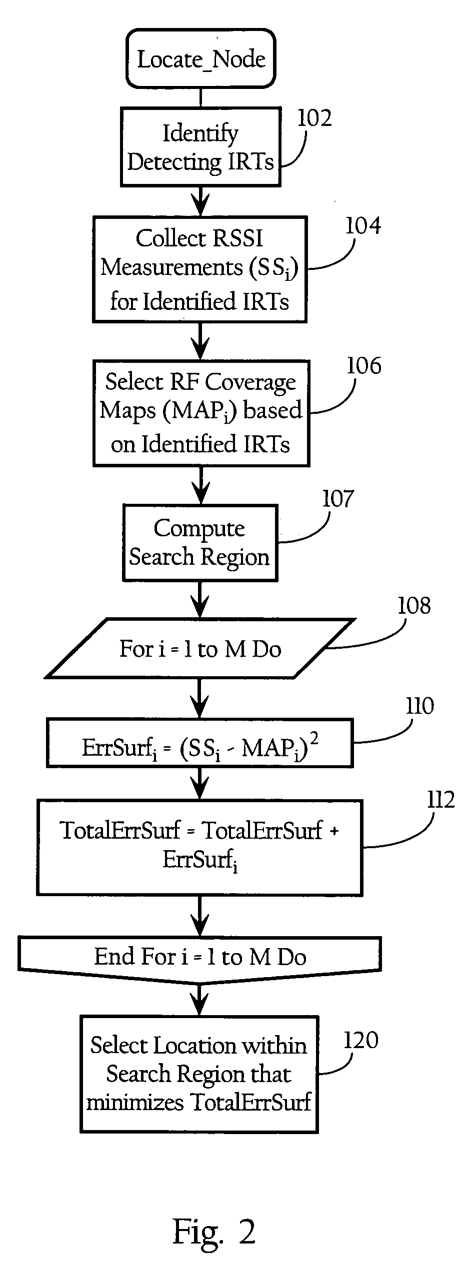 Wireless node location mechanism featuring definition of search region to optimize location computation