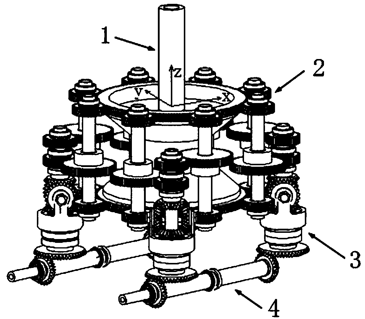 Split torque transmission deceleration device for helicopters