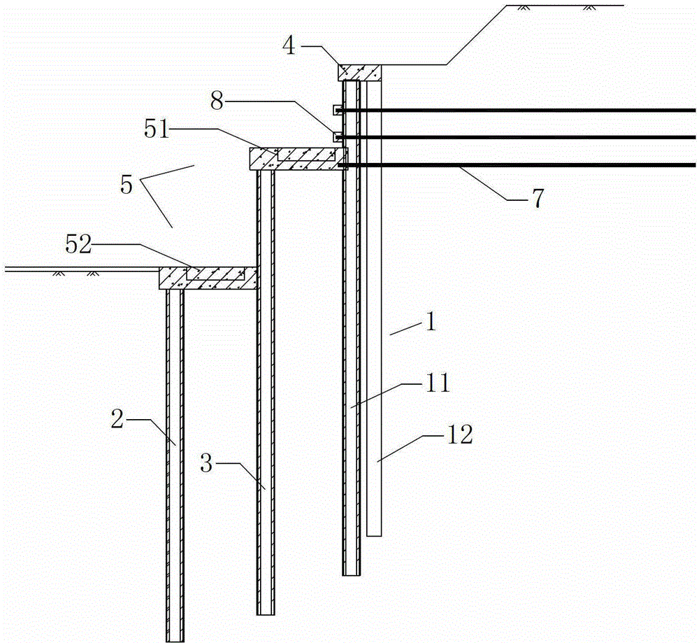 Multi-row pile foundation pit support structure and its construction method