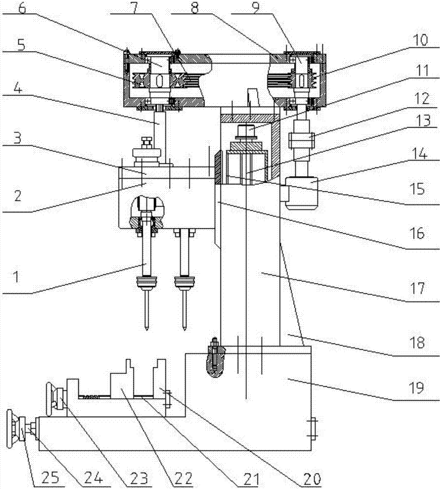 Vertical multi-spindle drilling machine with adjustable spacing