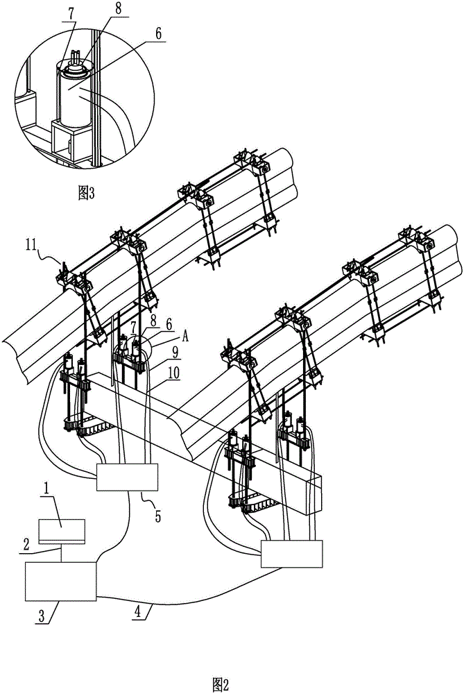 Synchronous hydro-electric control cable force conversion system for suspender replacement and method for temporary bottom-carrying lifting device cable force conversion