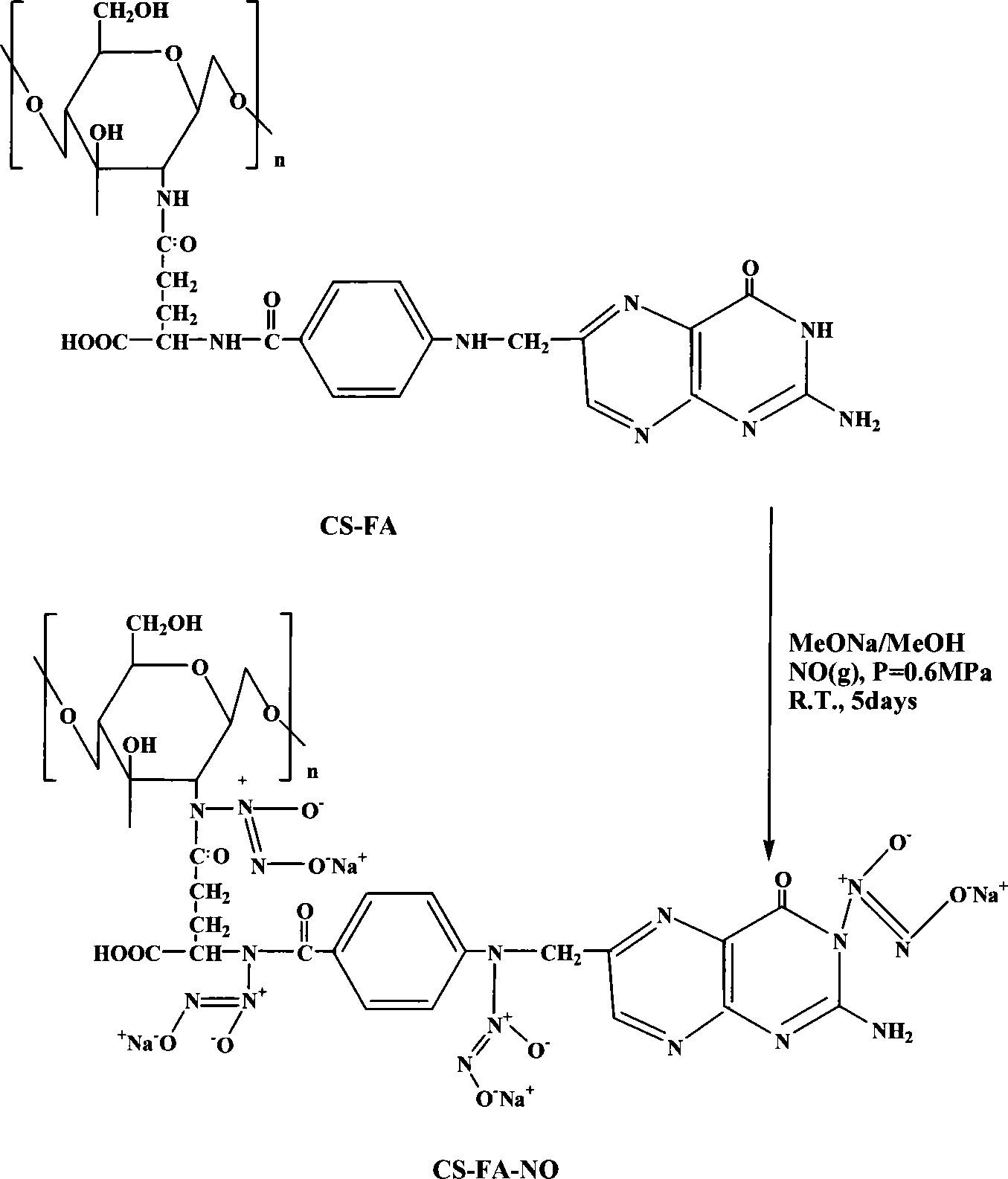 Folic acid modification of chitosan nucleophilic NO donator and compounding method thereof