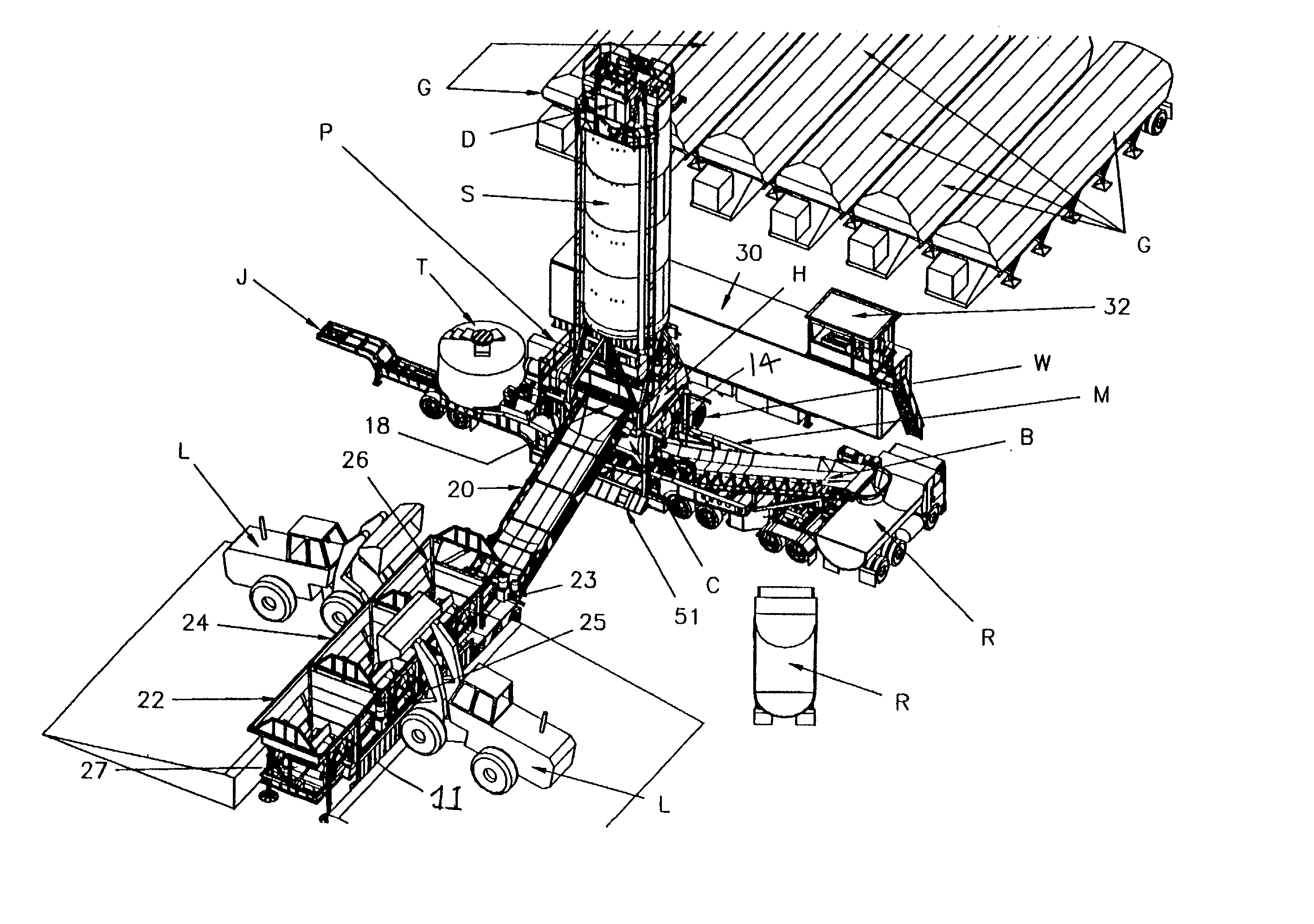 High volume portable concrete batching and mixing plant having compulsory mixer with overlying supported silo