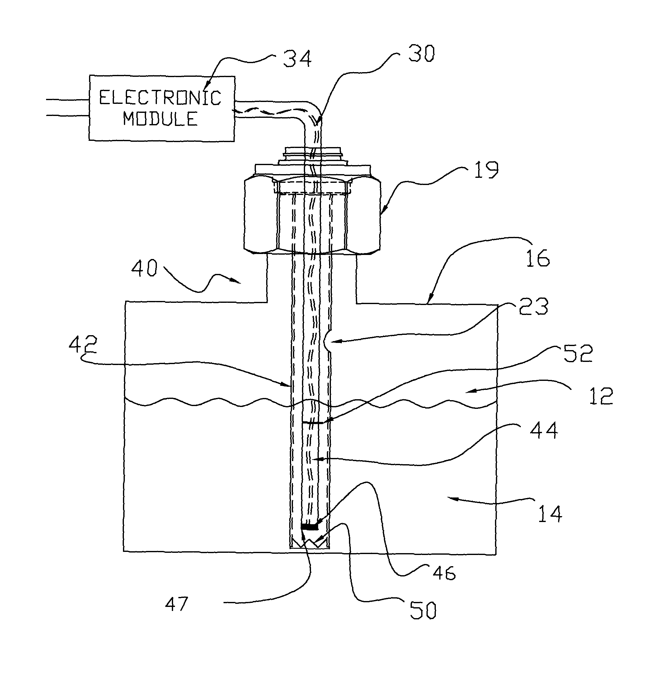 Bottom up contact type ultrasonic continuous level sensor