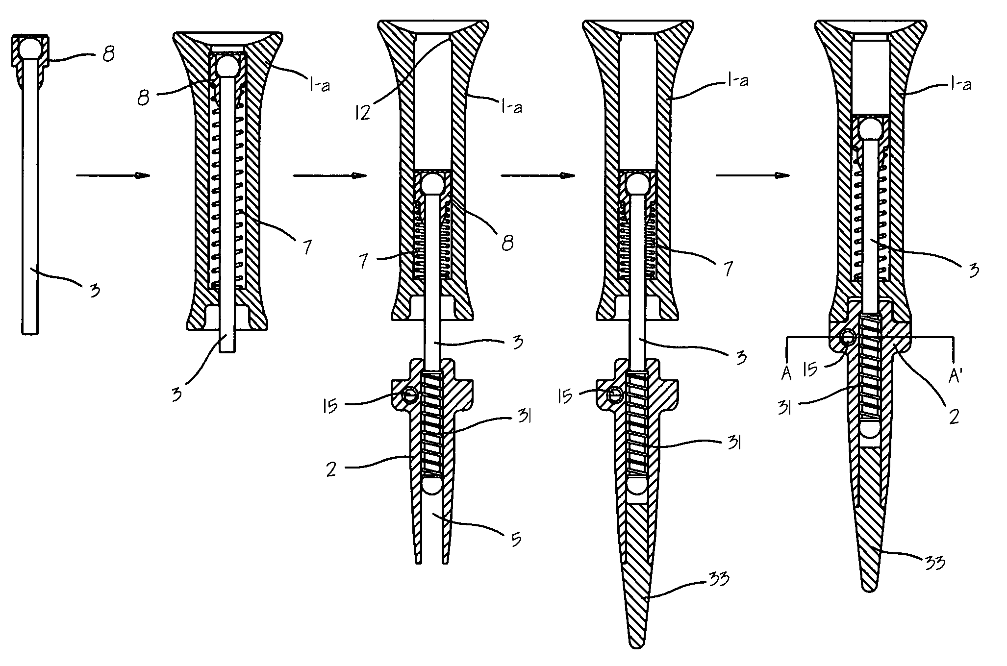 Golf tee with a momentarily releasable upper body; equipped with two retracting springs at the moment of impact