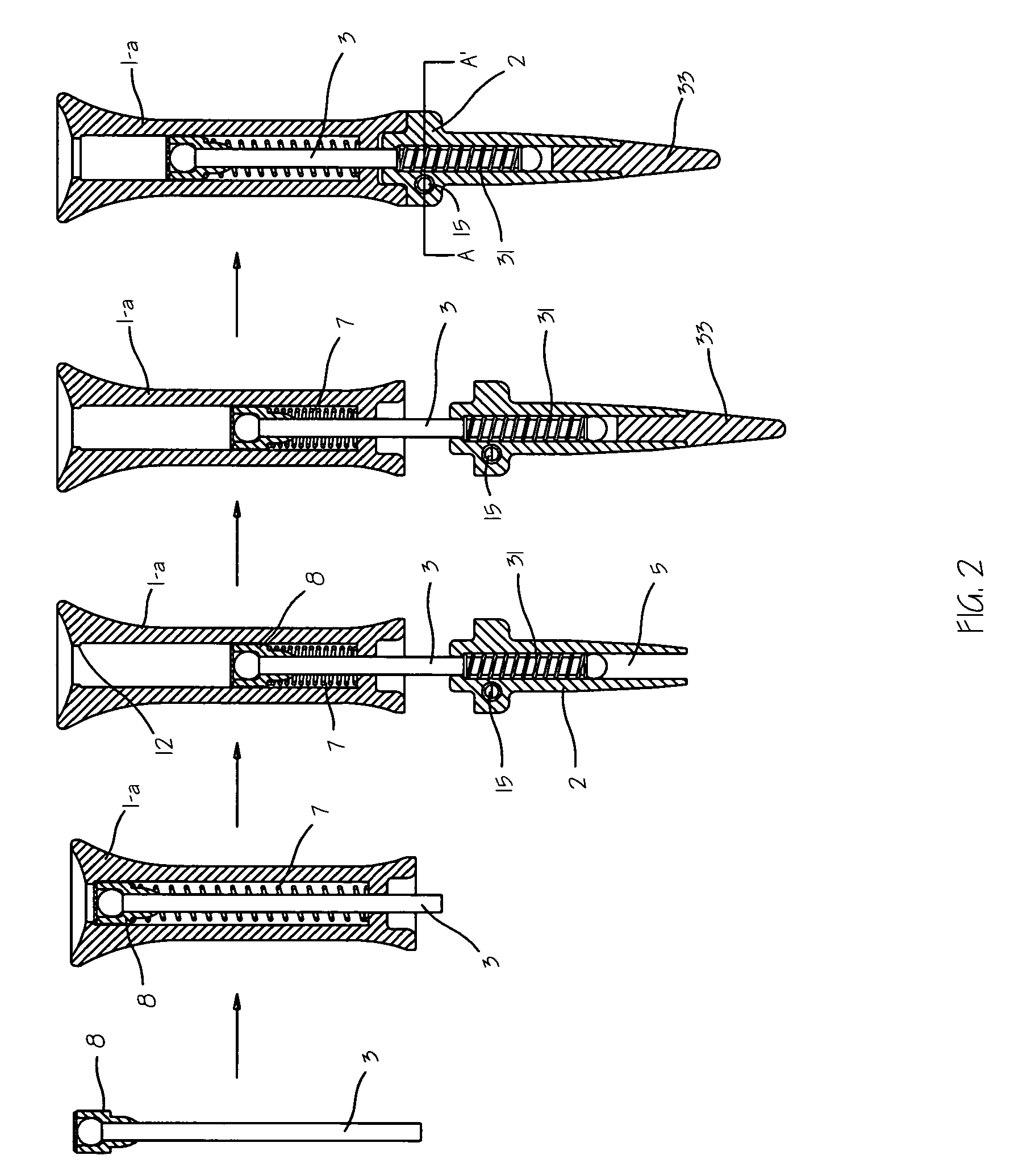 Golf tee with a momentarily releasable upper body; equipped with two retracting springs at the moment of impact